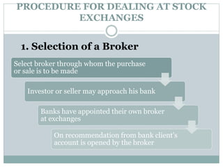 PROCEDURE FOR DEALING AT STOCK
EXCHANGES
Select broker through whom the purchase
or sale is to be made
Investor or seller may approach his bank
Banks have appointed their own broker
at exchanges
On recommendation from bank client’s
account is opened by the broker
1. Selection of a Broker
 