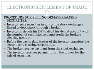 ELECTRONIC SETTLEMENT OF TRADE
PROCEDURE FOR SELLING DEMATERIALISED
SECURITIES:
 Investor sells securities in any of the stock exchanges
linked to depository through a broker.
 Investor instructs his DP to debit his demat account with
the number of securities sold and credit the brokers
clearing account.
 Before the pay in day, broker of the investor transfers the
securities to clearing corporation.
 The broker receive payment from the stock exchange.
 The investor receives payment from the broker for the
sale of securities.
 