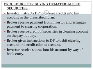 PROCEDURE FOR BUYING DEMATERIALISED
SECURITIES:
 Investor instructs DP to receive credits into his
account in the prescribed form.
 Broker receive payment from investor and arranges
payment to clearing corporation.
 Broker receive credit of securities in clearing account
on the pay out day.
 Broker gives instructions to DP to debit clearing
account and credit client’s account.
 Investor receive shares into his account by way of
book entry.
 