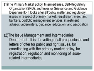(1)The Primary Market policy, Intermediaries, Self-Regulatory
Organization(SRO), and Investor Grievance and Guidance
Department:- It looks after all policy matter and regulatory
issues in respect of primary market, registration, merchant
bankers, portfolio management services, investment
advisor, underwriters, guidance ,education, and association
(2)The Issue Management and Intermediaries
Department:- It is for vetting of all prospectuses and
letters of offer for public and right issues, for
coordinating with the primary market policy, for
registration, regulation and monitoring of issue-
related intermediaries.
 