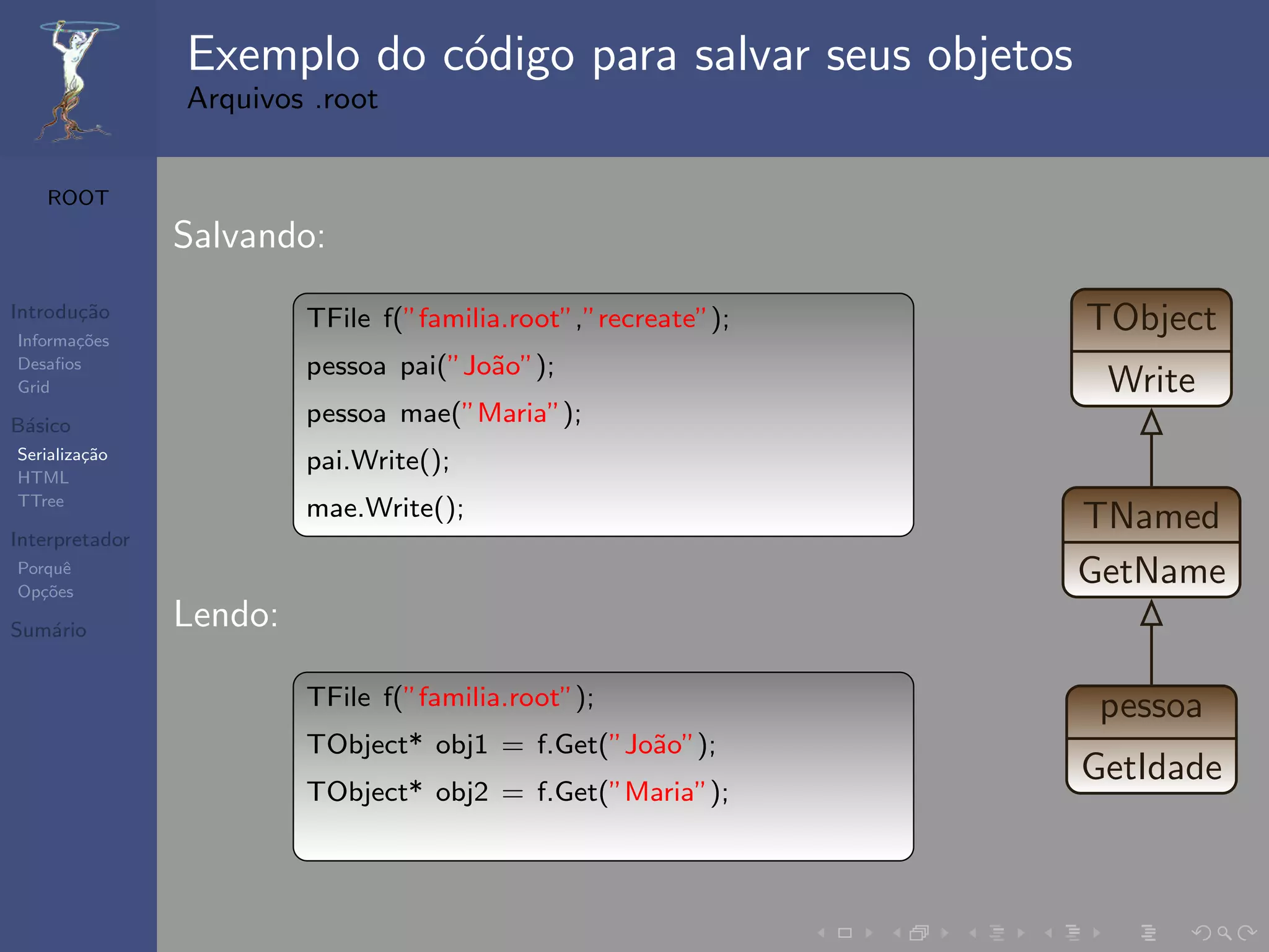 Exemplo do c´digo para salvar seus objetos
                            o
                Arquivos .root


   ROOT

                Salvando:
Introdu¸˜o
       ca
Informa¸˜es
       co
                         TFile f(”familia.root”,”recreate”);   TObject
Desaﬁos                  pessoa pai(”Jo˜o”);
                                       a
Grid                                                            Write
B´sico
 a                       pessoa mae(”Maria”);
Serializa¸˜o
         ca
                         pai.Write();
HTML
TTree
                         mae.Write();                          TNamed
Interpretador
Porquˆ
Op¸˜es
   co
      e
                                                               GetName
Sum´rio
   a            Lendo:

                         TFile f(”familia.root”);               pessoa
                         TObject* obj1 = f.Get(”Jo˜o”);
                                                  a
                                                               GetIdade
                         TObject* obj2 = f.Get(”Maria”);
 