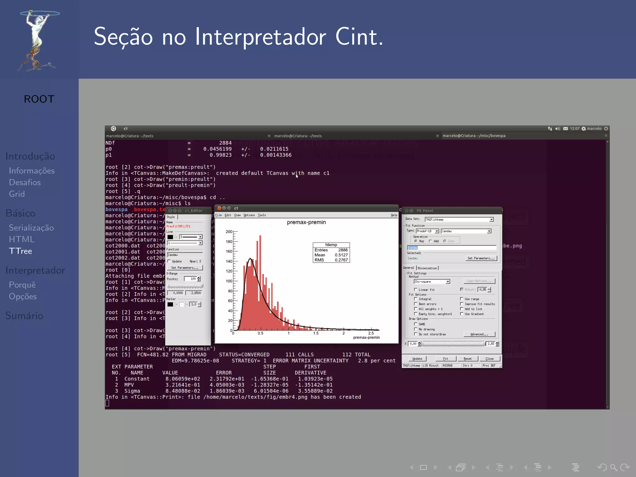Se¸˜o no Interpretador Cint.
                  ca

   ROOT




Introdu¸˜o
       ca
Informa¸˜es
       co
Desaﬁos
Grid

B´sico
 a
Serializa¸˜o
         ca
HTML
TTree

Interpretador
Porquˆe
Op¸˜es
   co

Sum´rio
   a
 