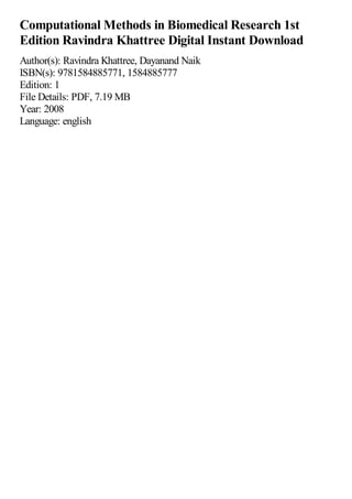 Computational Methods in Biomedical Research 1st Edition Ravindra ...