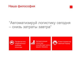 01
“Автоматизируй логистику сегодня
– снизь затраты завтра“
04Наша философия
Профилактика
традиционных
проблем
логистики
Автоматизация
логистики
способствует росту
вашего бизнеса
Клиентоориентир
ованный подход
 