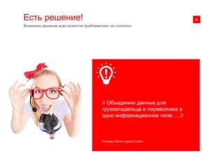 Есть решение! 0108
// Объединим данные для
грузовладельца и перевозчика в
одно информационное поле…..//
Команда Global Logistic Control
Возможно решение всех аспектов проблематики, но поэтапно
 