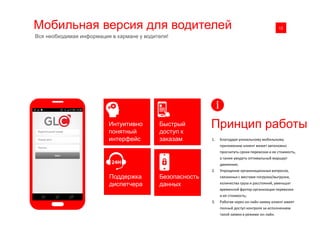 Мобильная версия для водителей 0112
Вся необходимая информация в кармане у водителя!
Быстрый
доступ к
заказам
Интуитивно
понятный
интерфейс
Безопасность
данных
Поддержка
диспетчера
1. Благодаря уникальному мобильному
приложению клиент может автономно
просчитать сроки перевозки и ее стоимость,
а также увидеть оптимальный маршрут
движения;
2. Упрощение организационных вопросов,
связанных с местами погрузки/выгрузки,
количества груза и расстояний, уменьшат
временной фактор организации перевозки
и ее стоимость;
3. Работая через он-лайн заявку клиент имеет
полный доступ контроля за исполнением
такой заявки в режиме он-лайн.
Принцип работы
 