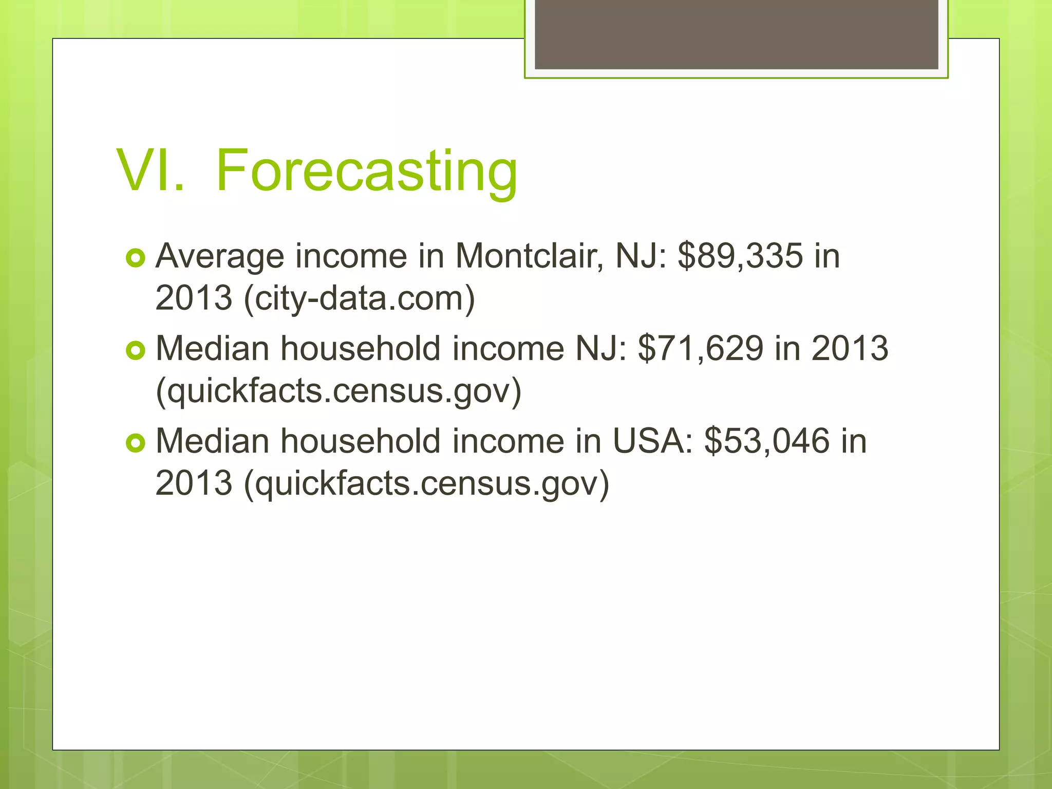 VI. Forecasting
 Average income in Montclair, NJ: $89,335 in
2013 (city-data.com)
 Median household income NJ: $71,629 in 2013
(quickfacts.census.gov)
 Median household income in USA: $53,046 in
2013 (quickfacts.census.gov)
 