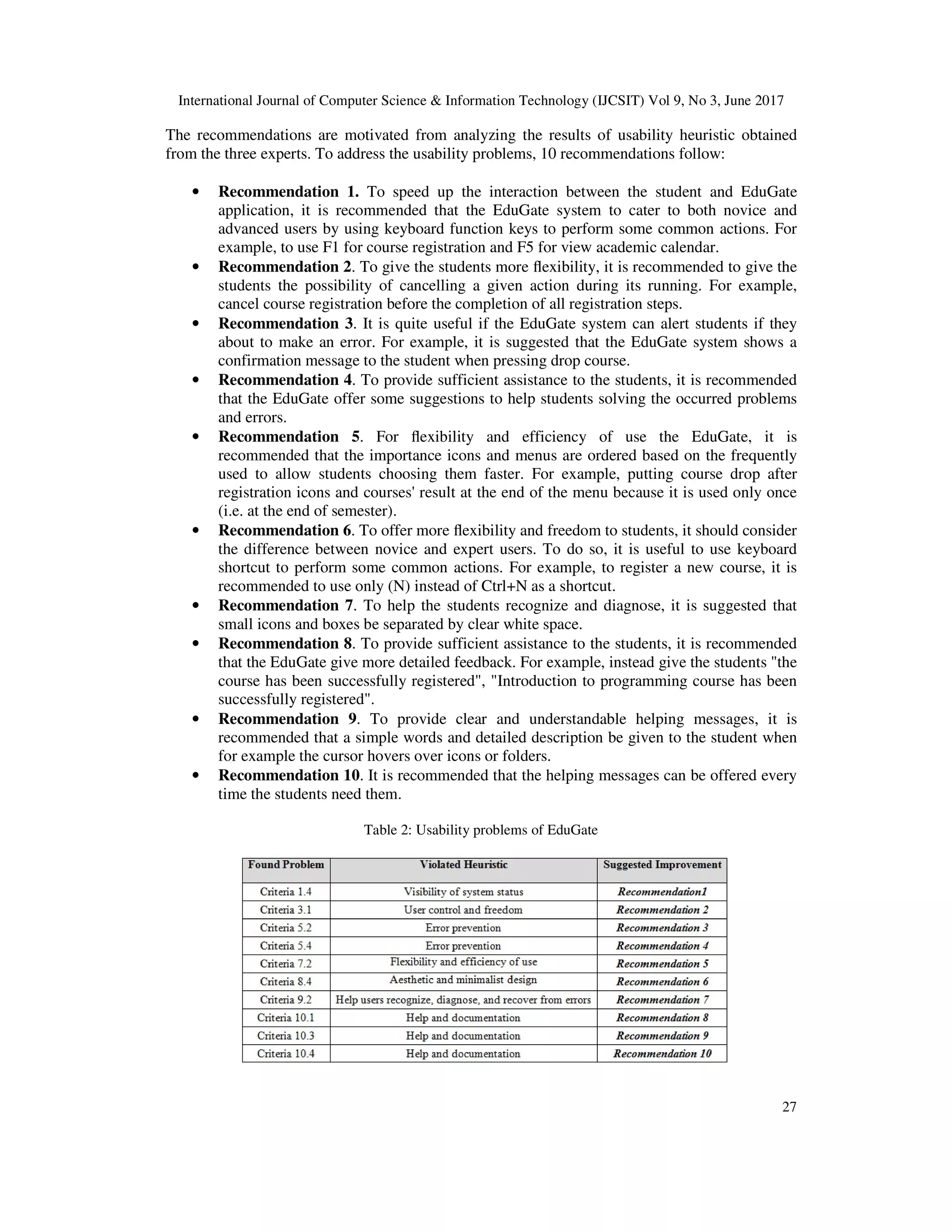 International Journal of Computer Science & Information Technology (IJCSIT) Vol 9, No 3, June 2017
27
The recommendations are motivated from analyzing the results of usability heuristic obtained
from the three experts. To address the usability problems, 10 recommendations follow:
• Recommendation 1. To speed up the interaction between the student and EduGate
application, it is recommended that the EduGate system to cater to both novice and
advanced users by using keyboard function keys to perform some common actions. For
example, to use F1 for course registration and F5 for view academic calendar.
• Recommendation 2. To give the students more ﬂexibility, it is recommended to give the
students the possibility of cancelling a given action during its running. For example,
cancel course registration before the completion of all registration steps.
• Recommendation 3. It is quite useful if the EduGate system can alert students if they
about to make an error. For example, it is suggested that the EduGate system shows a
confirmation message to the student when pressing drop course.
• Recommendation 4. To provide sufficient assistance to the students, it is recommended
that the EduGate offer some suggestions to help students solving the occurred problems
and errors.
• Recommendation 5. For ﬂexibility and efficiency of use the EduGate, it is
recommended that the importance icons and menus are ordered based on the frequently
used to allow students choosing them faster. For example, putting course drop after
registration icons and courses' result at the end of the menu because it is used only once
(i.e. at the end of semester).
• Recommendation 6. To offer more ﬂexibility and freedom to students, it should consider
the difference between novice and expert users. To do so, it is useful to use keyboard
shortcut to perform some common actions. For example, to register a new course, it is
recommended to use only (N) instead of Ctrl+N as a shortcut.
• Recommendation 7. To help the students recognize and diagnose, it is suggested that
small icons and boxes be separated by clear white space.
• Recommendation 8. To provide sufficient assistance to the students, it is recommended
that the EduGate give more detailed feedback. For example, instead give the students "the
course has been successfully registered", "Introduction to programming course has been
successfully registered".
• Recommendation 9. To provide clear and understandable helping messages, it is
recommended that a simple words and detailed description be given to the student when
for example the cursor hovers over icons or folders.
• Recommendation 10. It is recommended that the helping messages can be offered every
time the students need them.
Table 2: Usability problems of EduGate
 