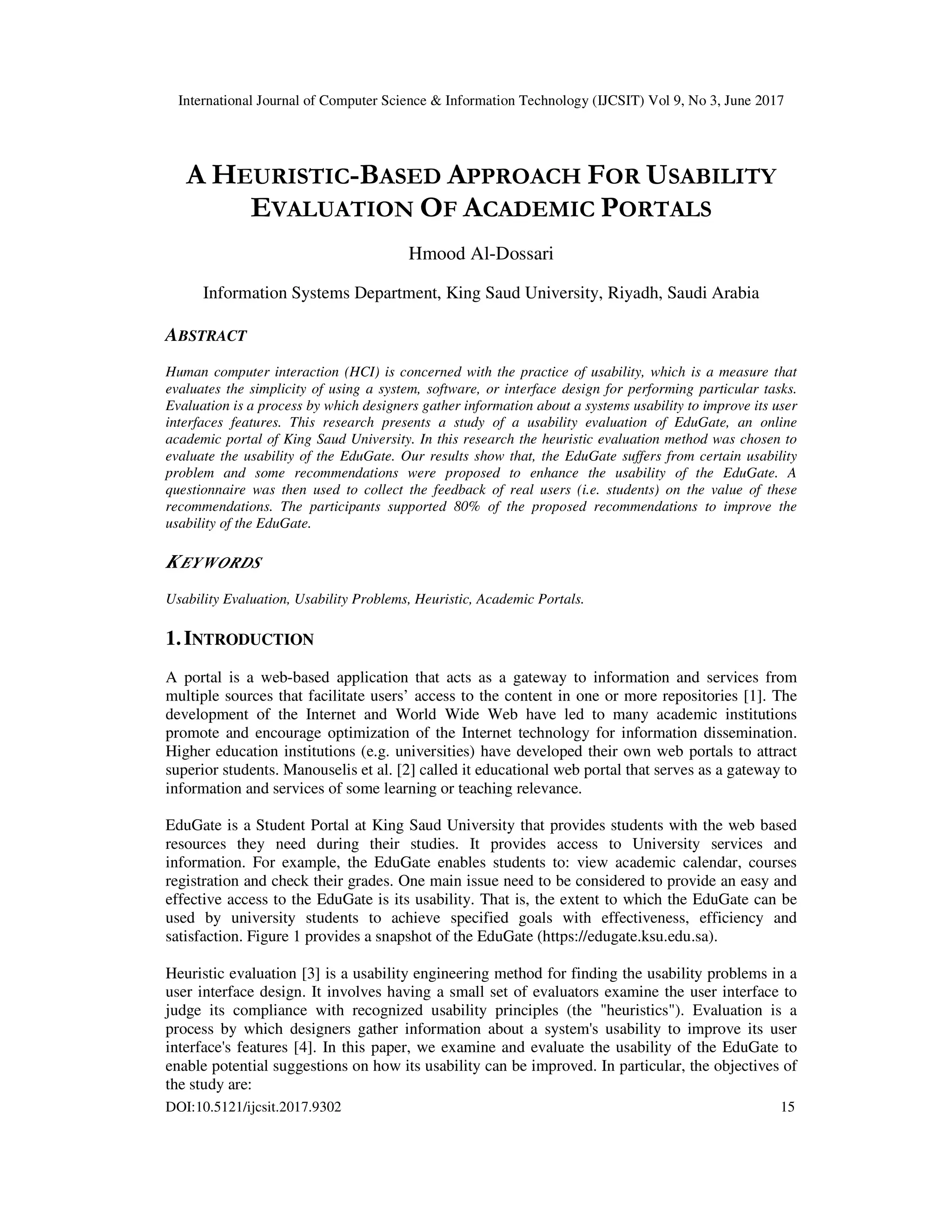 A HEURISTIC-BASED APPROACH FOR USABILITY EVALUATION OF ACADEMIC PORTALS ...