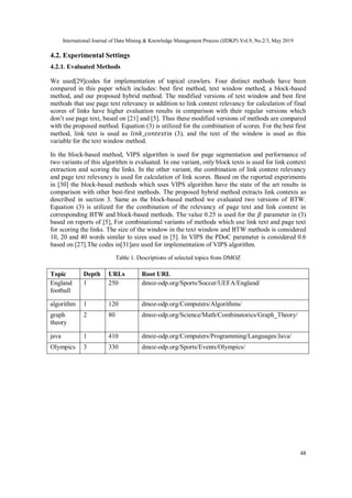 International Journal of Data Mining & Knowledge Management Process (IJDKP) Vol.9, No.2/3, May 2019
48
4.2. Experimental Settings
4.2.1. Evaluated Methods
We used[29]codes for implementation of topical crawlers. Four distinct methods have been
compared in this paper which includes: best first method, text window method, a block-based
method, and our proposed hybrid method. The modified versions of text window and best first
methods that use page text relevancy in addition to link context relevancy for calculation of final
scores of links have higher evaluation results in comparison with their regular versions which
don’t use page text, based on [21] and [5]. Thus these modified versions of methods are compared
with the proposed method. Equation (3) is utilized for the combination of scores. For the best first
method, link text is used as 𝑙𝑖𝑛𝑘_𝑐𝑜𝑛𝑡𝑒𝑥𝑡in (3), and the text of the window is used as this
variable for the text window method.
In the block-based method, VIPS algorithm is used for page segmentation and performance of
two variants of this algorithm is evaluated. In one variant, only block texts is used for link context
extraction and scoring the links. In the other variant, the combination of link context relevancy
and page text relevancy is used for calculation of link scores. Based on the reported experiments
in [30] the block-based methods which uses VIPS algorithm have the state of the art results in
comparison with other best-first methods. The proposed hybrid method extracts link contexts as
described in section 3. Same as the block-based method we evaluated two versions of BTW.
Equation (3) is utilized for the combination of the relevancy of page text and link context in
corresponding BTW and block-based methods. The value 0.25 is used for the 𝛽 parameter in (3)
based on reports of [5], For combinational variants of methods which use link text and page text
for scoring the links. The size of the window in the text window and BTW methods is considered
10, 20 and 40 words similar to sizes used in [5]. In VIPS the PDoC parameter is considered 0.6
based on [27].The codes in[31]are used for implementation of VIPS algorithm.
Table 1. Descriptions of selected topics from DMOZ
Topic Depth URLs Root URL
England
football
1 250 dmoz-odp.org/Sports/Soccer/UEFA/England/
algorithm 1 120 dmoz-odp.org/Computers/Algorithms/
graph
theory
2 80 dmoz-odp.org/Science/Math/Combinatorics/Graph_Theory/
java 1 410 dmoz-odp.org/Computers/Programming/Languages/Java/
Olympics 3 330 dmoz-odp.org/Sports/Events/Olympics/
 