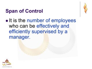 Span of Control
 It is the number of employees
who can be effectively and
efficiently supervised by a
manager.
 