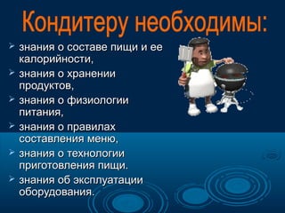 






знания о составе пищи и ее
калорийности,
знания о хранении
продуктов,
знания о физиологии
питания,
знания о правилах
составления меню,
знания о технологии
приготовления пищи.
знания об эксплуатации
оборудования.

 