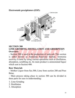 10
Electrostatic precipitators (ESP):
SECTION 300
LIME GRINDING, DISTILLATION AND ABSORPTION
Overview:
– Section 300 is used in the production of soda ash. This section
is rather known as Ammonia Recovery Section. Ammonia
recovery is done by using various operations such as distillation,
absorption, scrubbing etc. Its main product is ammoniated liquor
which sent to Section 400.
Raw Material:
– Mother Liquor from Sec.500, Lime from section 200 and Pure
Brine.
– Main process taking place in section 300 can be divided in
three parts for ease in understanding:
1. Lime Grinding
2. Distillation
3. Absorption
 