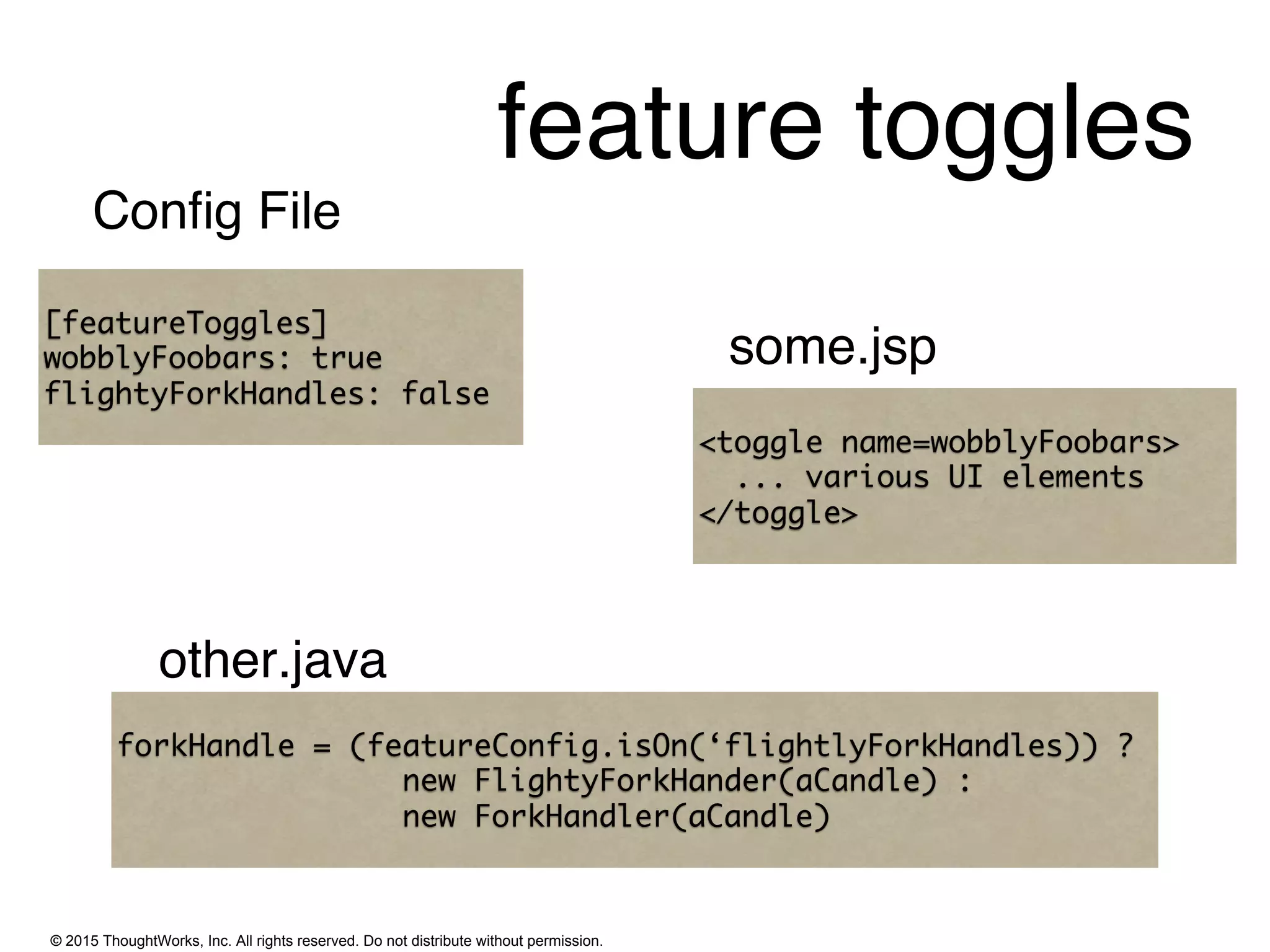 © 2015 ThoughtWorks, Inc. All rights reserved. Do not distribute without permission.
[featureToggles]
wobblyFoobars: true
flightyForkHandles: false
Conﬁg File
<toggle name=wobblyFoobars>
... various UI elements
</toggle>
some.jsp
forkHandle = (featureConfig.isOn(‘flightlyForkHandles)) ?
new FlightyForkHander(aCandle) :
new ForkHandler(aCandle)
other.java
feature toggles
 