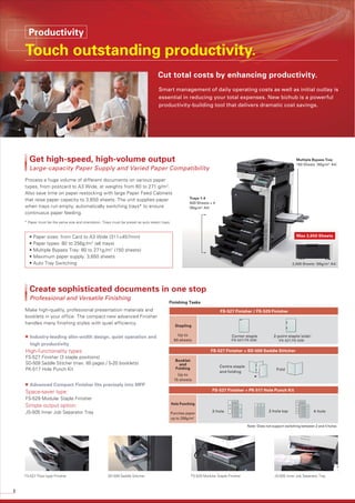 8
Smart management of daily operating costs as well as initial outlay is
essential in reducing your total expenses. New bizhub is a powerful
productivity-building tool that delivers dramatic cost savings.
Cut total costs by enhancing productivity.
Finishing Tasks
Make high-quality, professional presentation materials and
booklets in your office. The compact new advanced Finisher
handles many finishing styles with quiet efficiency.
Create sophisticated documents in one stop
Professional and Versatile Finishing
Process a huge volume of different documents on various paper
types, from postcard to A3 Wide, at weights from 60 to 271 g/m2
.
Also save time on paper restocking with large Paper Feed Cabinets
that raise paper capacity to 3,650 sheets. The unit supplies paper
when trays run empty, automatically switching trays* to ensure
continuous paper feeding.
• Paper sizes: from Card to A3 Wide (311×457mm)
• Paper types: 60 to 256g /m2
(all trays)
• Multiple Bypass Tray: 60 to 271g /m2
(150 sheets)
• Maximum paper supply: 3,650 sheets
• Auto Tray Switching
Get high-speed, high-volume output
Large-capacity Paper Supply and Varied Paper Compatibility
Trays 1-4
500 Sheets × 4
（80g/m2
A4）
Multiple Bypass Tray
150 Sheets（80g/m2
A4）
2,500 Sheets（80g/m2
A4）
FS-527 Finisher / FS-529 Finisher
Stapling
Corner staple
（FS-527/ FS-529)
2-point staple（side）
（FS-527/ FS-529)
Up to
50 sheets
FS-527 Finisher + SD-509 Saddle Stitcher
Booklet
and
Folding
FS-527 Finisher + PK-517 Hole Punch Kit
Hole Punching
Centre staple
and folding
Fold
2-hole 4-hole2-hole top
Punches paper
up to 256g/m2
Note: Does not support switching between 2 and 4 holes.
■ Industry-leading slim-width design, quiet operation and
high productivity
High-functionality types:
FS-527 Finisher (3 staple positions)
SD-509 Saddle Stitcher (max. 60 pages / 5-20 booklets)
PK-517 Hole Punch Kit
■ Advanced Compact Finisher fits precisely into MFP
Space-saver type:
FS-529 Modular Staple Finisher
Simple output option:
JS-505 Inner Job Separator Tray
* Paper must be the same size and orientation. Trays must be preset as auto select trays.
FS-527 Floor-type Finisher SD-509 Saddle Stitcher FS-529 Modular Staple Finisher JS-505 Inner Job Separator Tray
Productivity
Touch outstanding productivity.
Max 3,650 Sheets
Up to
15 sheets
 