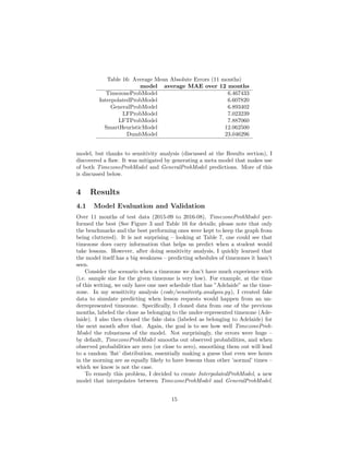 Table 16: Average Mean Absolute Errors (11 months)
model average MAE over 12 months
TimezoneProbModel 6.467433
InterpolatedProbModel 6.607820
GeneralProbModel 6.893402
LFProbModel 7.023239
LFTProbModel 7.887060
SmartHeuristicModel 12.062500
DumbModel 23.046296
model, but thanks to sensitivity analysis (discussed at the Results section), I
discovered a ﬂaw. It was mitigated by generating a meta model that makes use
of both TimezoneProbModel and GeneralProbModel predictions. More of this
is discussed below.
4 Results
4.1 Model Evaluation and Validation
Over 11 months of test data (2015-09 to 2016-08), TimezoneProbModel per-
formed the best (See Figure 3 and Table 16 for details; please note that only
the benchmarks and the best performing ones were kept to keep the graph from
being cluttered). It is not surprising – looking at Table 7, one could see that
timezone does carry information that helps us predict when a student would
take lessons. However, after doing sensitivity analysis, I quickly learned that
the model itself has a big weakness – predicting schedules of timezones it hasn’t
seen.
Consider the scenario when a timezone we don’t have much experience with
(i.e. sample size for the given timezone is very low). For example, at the time
of this writing, we only have one user schedule that has ”Adelaide” as the time-
zone. In my sensitivity analysis (code/sensitivity analysis.py), I created fake
data to simulate predicting when lesson requests would happen from an un-
derrepresented timezone. Speciﬁcally, I cloned data from one of the previous
months, labeled the clone as belonging to the under-represented timezone (Ade-
laide). I also then cloned the fake data (labeled as belonging to Adelaide) for
the next month after that. Again, the goal is to see how well TimezoneProb-
Model the robustness of the model. Not surprisingly, the errors were huge –
by default, TimezoneProbModel smooths out observed probabilities, and when
observed probabilities are zero (or close to zero), smoothing them out will lead
to a random ’ﬂat’ distribution, essentially making a guess that even wee hours
in the morning are as equally likely to have lessons than other ’normal’ times –
which we know is not the case.
To remedy this problem, I decided to create InterpolatedProbModel, a new
model that interpolates between TimezoneProbModel and GeneralProbModel.
15
 