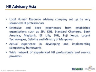 • Local Human Resource advisory company set up by very
seasoned HR professionals
• Extensive and deep experiences from established
organisations such as SIA, DBS, Standard Chartered, Bank
America, Maybank, Eli Lilly, DHL, Fuji Xerox, Lucent
Technologies, Deloitte and Ministry of Manpower
• Actual experience in developing and implementing
competency frameworks
• Wide network of experienced HR professionals and service
providers
HR Advisory Asia
© 2013 StarVision & HR Advisory Asia
 
