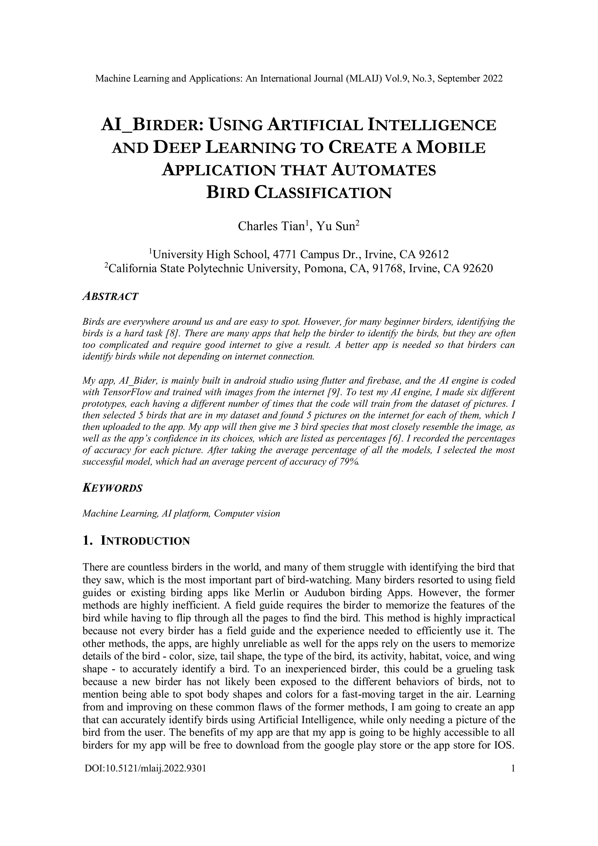AI_BIRDER: USING ARTIFICIAL INTELLIGENCE AND DEEP LEARNING TO CREATE A ...