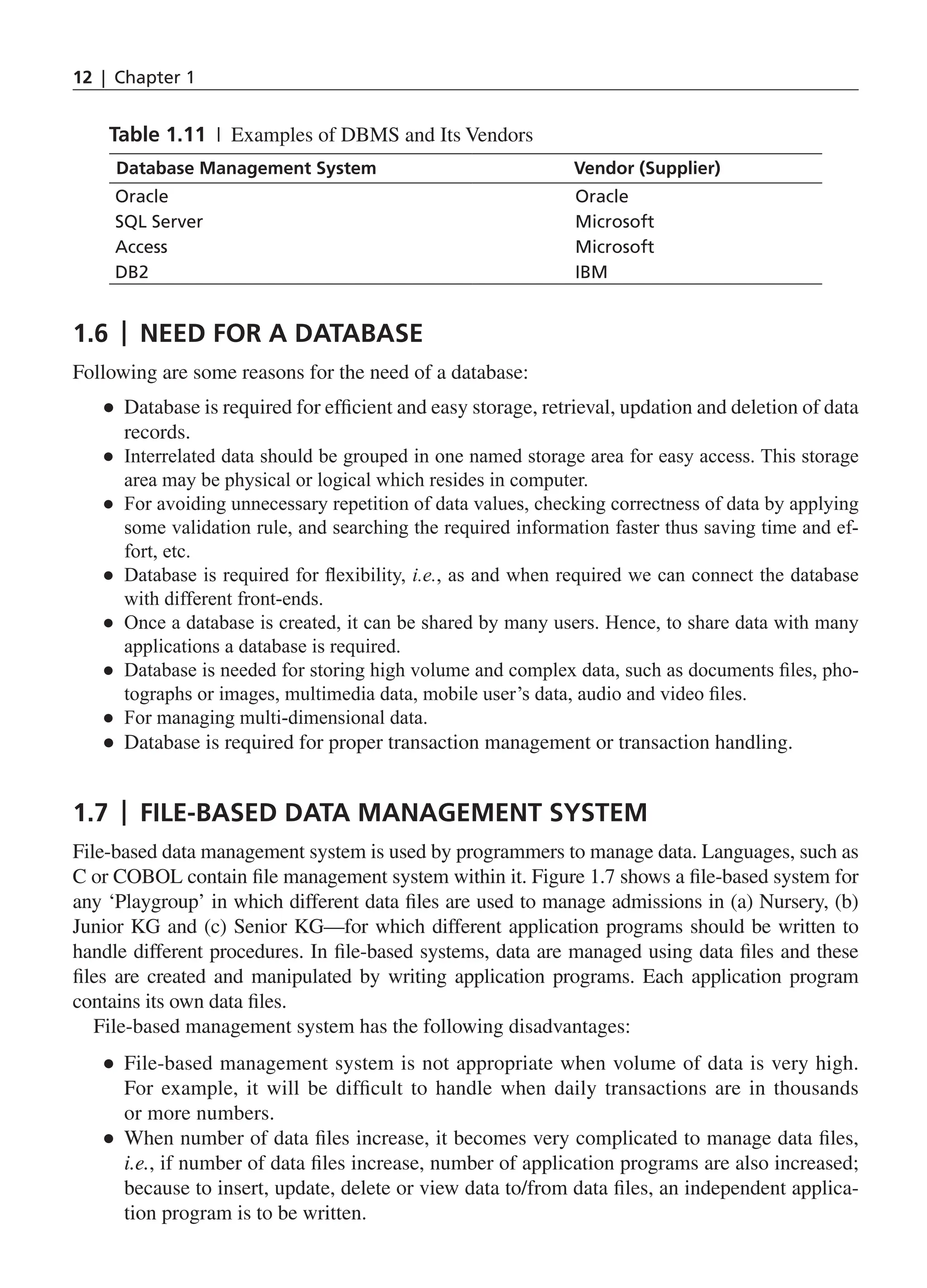 12 | Chapter 1 1.6 | Need for A Database Following are some reasons for the need of a database: ● ● Database is required for efficient and easy storage, retrieval, updation and deletion of data records. ● ● Interrelated data should be grouped in one named storage area for easy access. This storage area may be physical or logical which resides in computer. ● ● For avoiding unnecessary repetition of data values, checking correctness of data by applying some validation rule, and searching the required information faster thus saving time and ef- fort, etc. ● ● Database is required for flexibility, i.e., as and when required we can connect the database with different front-ends. ● ● Once a database is created, it can be shared by many users. Hence, to share data with many applications a database is required. ● ● Database is needed for storing high volume and complex data, such as documents files, pho- tographs or images, multimedia data, mobile user’s data, audio and video files. ● ● For managing multi-dimensional data. ● ● Database is required for proper transaction management or transaction handling. 1.7 | File-based Data Management System File-based data management system is used by programmers to manage data. Languages, such as C or COBOL contain file management system within it. Figure 1.7 shows a file-based system for any ‘Playgroup’ in which different data files are used to manage admissions in (a) Nursery, (b) Junior KG and (c) Senior KG—for which different application programs should be written to handle different procedures. In file-based systems, data are managed using data files and these files are created and manipulated by writing application programs. Each application program contains its own data files. File-based management system has the following disadvantages: ● ● File-based management system is not appropriate when volume of data is very high. For example, it will be difficult to handle when daily transactions are in thousands or more numbers. ● ● When number of data files increase, it becomes very complicated to manage data files, i.e., if number of data files increase, number of application programs are also increased; because to insert, update, delete or view data to/from data files, an independent applica- tion program is to be written. Table 1.11 | Examples of DBMS and Its Vendors Database Management System Vendor (Supplier) Oracle Oracle SQL Server Microsoft Access Microsoft DB2 IBM CH_1_Basics of Database_Final.indd 12 2/26/2014 3:36:05 PM 