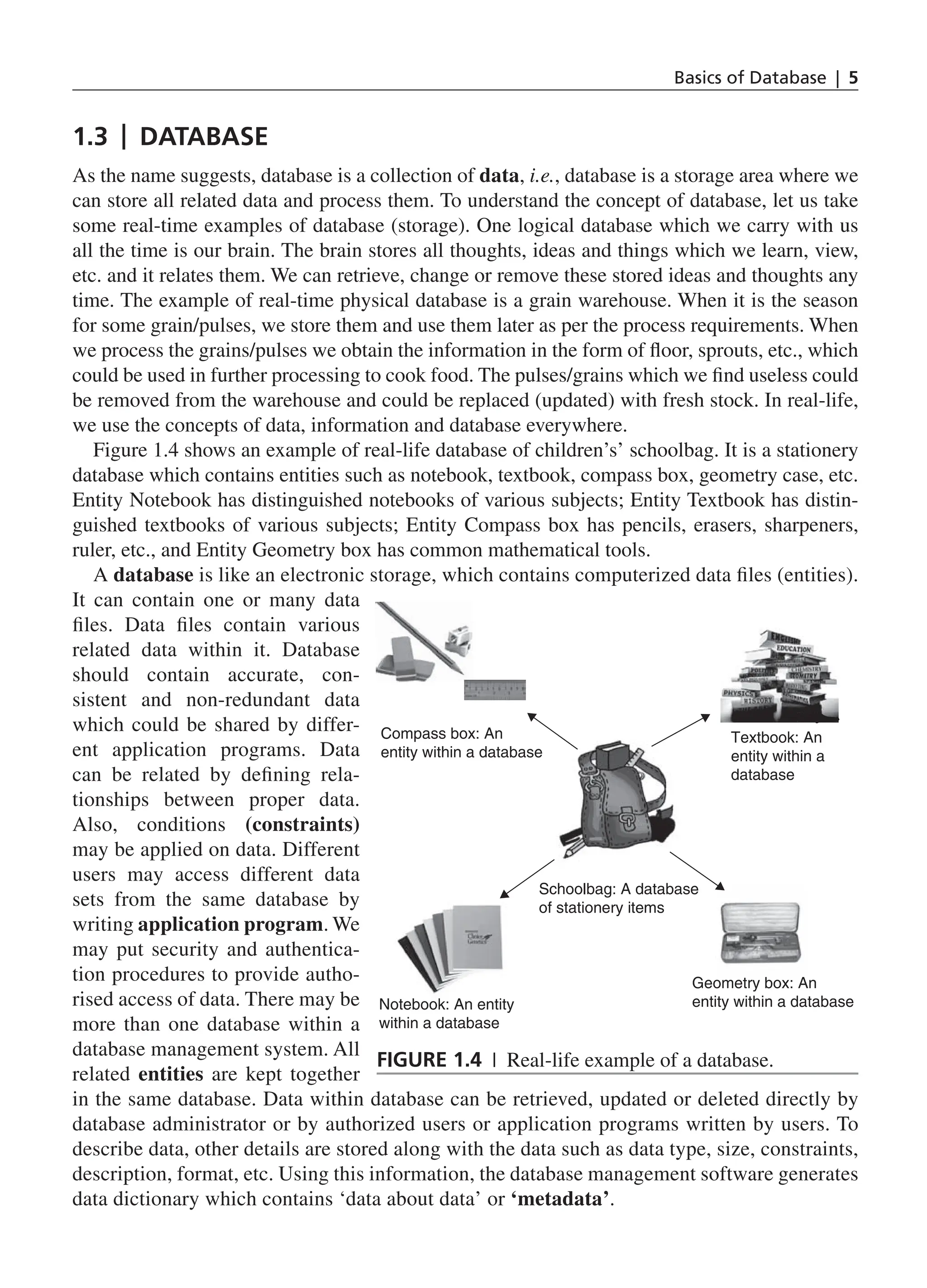 Basics of Database | 5
1.3 | database
As the name suggests, database is a collection of data, i.e., database is a storage area where we
can store all related data and process them. To understand the concept of database, let us take
some real-time examples of database (storage). One logical database which we carry with us
all the time is our brain. The brain stores all thoughts, ideas and things which we learn, view,
etc. and it relates them. We can retrieve, change or remove these stored ideas and thoughts any
time. The example of real-time physical database is a grain warehouse. When it is the season
for some grain/pulses, we store them and use them later as per the process requirements. When
we process the grains/pulses we obtain the information in the form of floor, sprouts, etc., which
could be used in further processing to cook food. The pulses/grains which we find useless could
be removed from the warehouse and could be replaced (updated) with fresh stock. In real-life,
we use the concepts of data, information and database everywhere.
Figure 1.4 shows an example of real-life database of children’s’ schoolbag. It is a stationery
database which contains entities such as notebook, textbook, compass box, geometry case, etc.
Entity Notebook has distinguished notebooks of various subjects; Entity Textbook has distin-
guished textbooks of various subjects; Entity Compass box has pencils, erasers, sharpeners,
ruler, etc., and Entity Geometry box has common mathematical tools.
A database is like an electronic storage, which contains computerized data files (entities).
It can contain one or many data
files. Data files contain various
related data within it. Database
should contain accurate, con-
sistent and non-redundant data
which could be shared by differ-
ent application programs. Data
can be related by defining rela-
tionships between proper data.
Also, conditions (constraints)
may be applied on data. Different
users may access different data
sets from the same database by
writing application program. We
may put security and authentica-
tion procedures to provide autho-
rised access of data. There may be
more than one database within a
database management system. All
related entities are kept together
in the same database. Data within database can be retrieved, updated or deleted directly by
database administrator or by authorized users or application programs written by users. To
describe data, other details are stored along with the data such as data type, size, constraints,
description, format, etc. Using this information, the database management software generates
data dictionary which contains ‘data about data’ or ‘metadata’.
Schoolbag: A database
of stationery items
Notebook: An entity
within a database
Geometry box: An
entity within a database
Compass box: An
entity within a database
Textbook: An
entity within a
database
Geometry box: An
fIGure 1.4 | Real-life example of a database.
CH_1_Basics of Database_Final.indd 5 2/26/2014 3:36:04 PM
 
