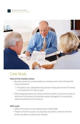 Case Study
Facts at time of policy review:
n	 Business owner has a very prosperous company with small individual life
insurance policies
o	 The policies are underperforming and are inadequate to cover his family
or his business if he were to pass
n	 After being educated on his policies and the need for insurance for both his
family and his business, the business owner leveraged his current policy
values to purchase more insurance
LIPA result:
n Sadly, this business owner passed away unexpectedly
n	 Thanks to his life insurance, his business was able to continue while his
family was able to maintain their lifestyle
Business Owner’s Guide to
Life Insurance Portfolio Analysis
5
 
