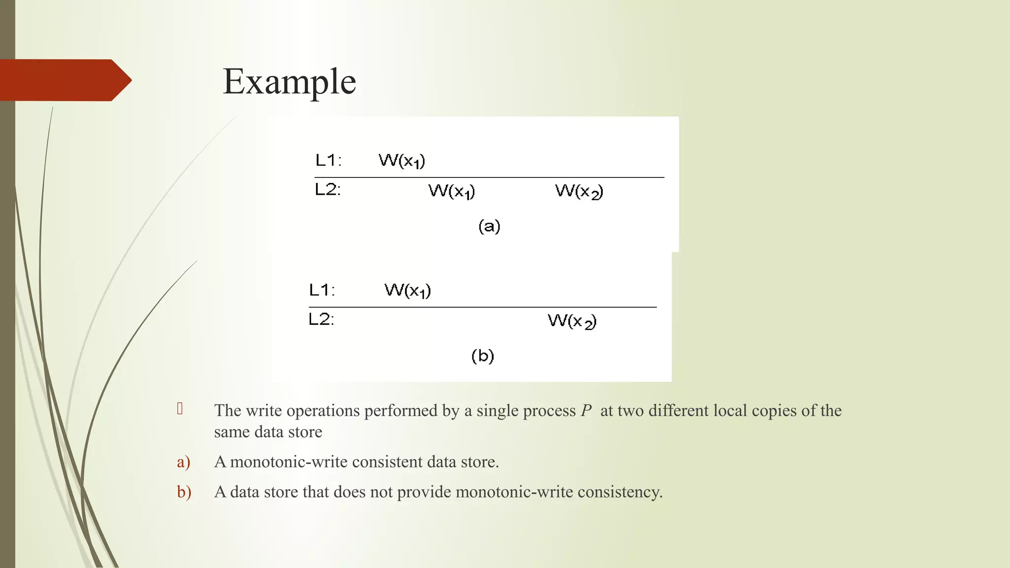 Example
 The write operations performed by a single process P at two different local copies of the
same data store
a) A monotonic-write consistent data store.
b) A data store that does not provide monotonic-write consistency.
 