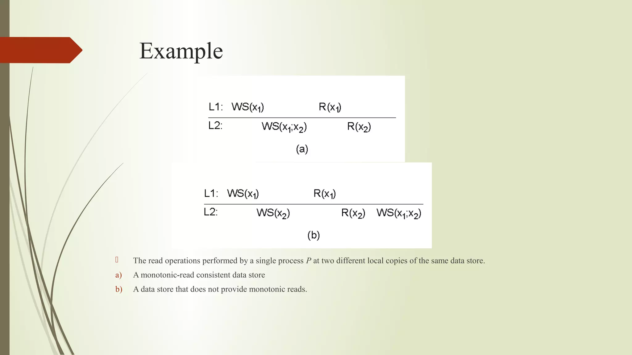 Example
 The read operations performed by a single process P at two different local copies of the same data store.
a) A monotonic-read consistent data store
b) A data store that does not provide monotonic reads.
 