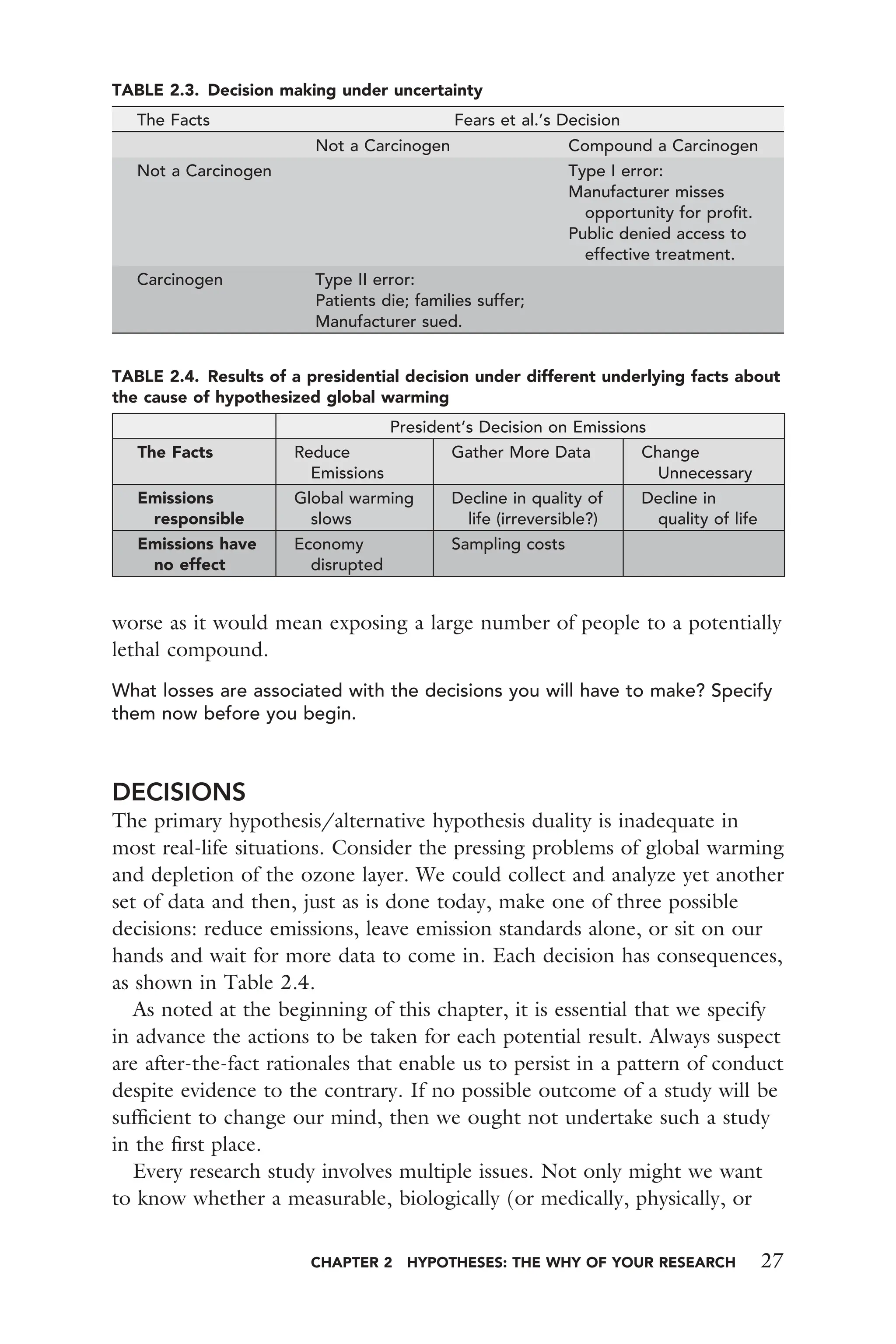 CHAPTER 2 HYPOTHESES: THE WHY OF YOUR RESEARCH 27
worse as it would mean exposing a large number of people to a potentially
lethal compound.
What losses are associated with the decisions you will have to make? Specify
them now before you begin.
DECISIONS
The primary hypothesis/alternative hypothesis duality is inadequate in
most real-life situations. Consider the pressing problems of global warming
and depletion of the ozone layer. We could collect and analyze yet another
set of data and then, just as is done today, make one of three possible
decisions: reduce emissions, leave emission standards alone, or sit on our
hands and wait for more data to come in. Each decision has consequences,
as shown in Table 2.4.
As noted at the beginning of this chapter, it is essential that we specify
in advance the actions to be taken for each potential result. Always suspect
are after-the-fact rationales that enable us to persist in a pattern of conduct
despite evidence to the contrary. If no possible outcome of a study will be
sufﬁcient to change our mind, then we ought not undertake such a study
in the ﬁrst place.
Every research study involves multiple issues. Not only might we want
to know whether a measurable, biologically (or medically, physically, or
TABLE 2.3. Decision making under uncertainty
The Facts Fears et al.’s Decision
Not a Carcinogen Compound a Carcinogen
Not a Carcinogen Type I error:
Manufacturer misses
opportunity for proﬁt.
Public denied access to
effective treatment.
Carcinogen Type II error:
Patients die; families suffer;
Manufacturer sued.
TABLE 2.4. Results of a presidential decision under different underlying facts about
the cause of hypothesized global warming
President’s Decision on Emissions
The Facts Reduce
Emissions
Gather More Data Change
Unnecessary
Emissions
responsible
Global warming
slows
Decline in quality of
life (irreversible?)
Decline in
quality of life
Emissions have
no effect
Economy
disrupted
Sampling costs
 