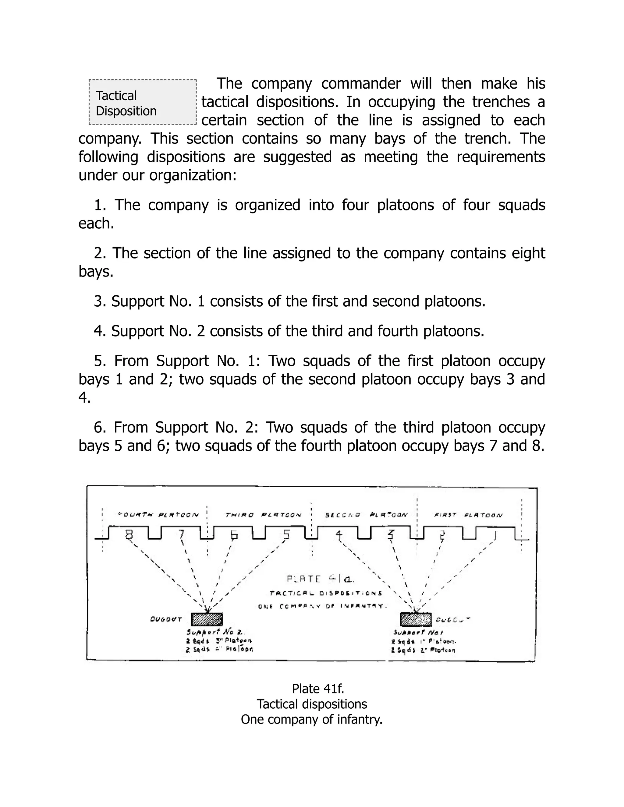 Tactical
Disposition
The company commander will then make his
tactical dispositions. In occupying the trenches a
certain section of the line is assigned to each
company. This section contains so many bays of the trench. The
following dispositions are suggested as meeting the requirements
under our organization:
1. The company is organized into four platoons of four squads
each.
2. The section of the line assigned to the company contains eight
bays.
3. Support No. 1 consists of the first and second platoons.
4. Support No. 2 consists of the third and fourth platoons.
5. From Support No. 1: Two squads of the first platoon occupy
bays 1 and 2; two squads of the second platoon occupy bays 3 and
4.
6. From Support No. 2: Two squads of the third platoon occupy
bays 5 and 6; two squads of the fourth platoon occupy bays 7 and 8.
Plate 41f.
Tactical dispositions
One company of infantry.
 