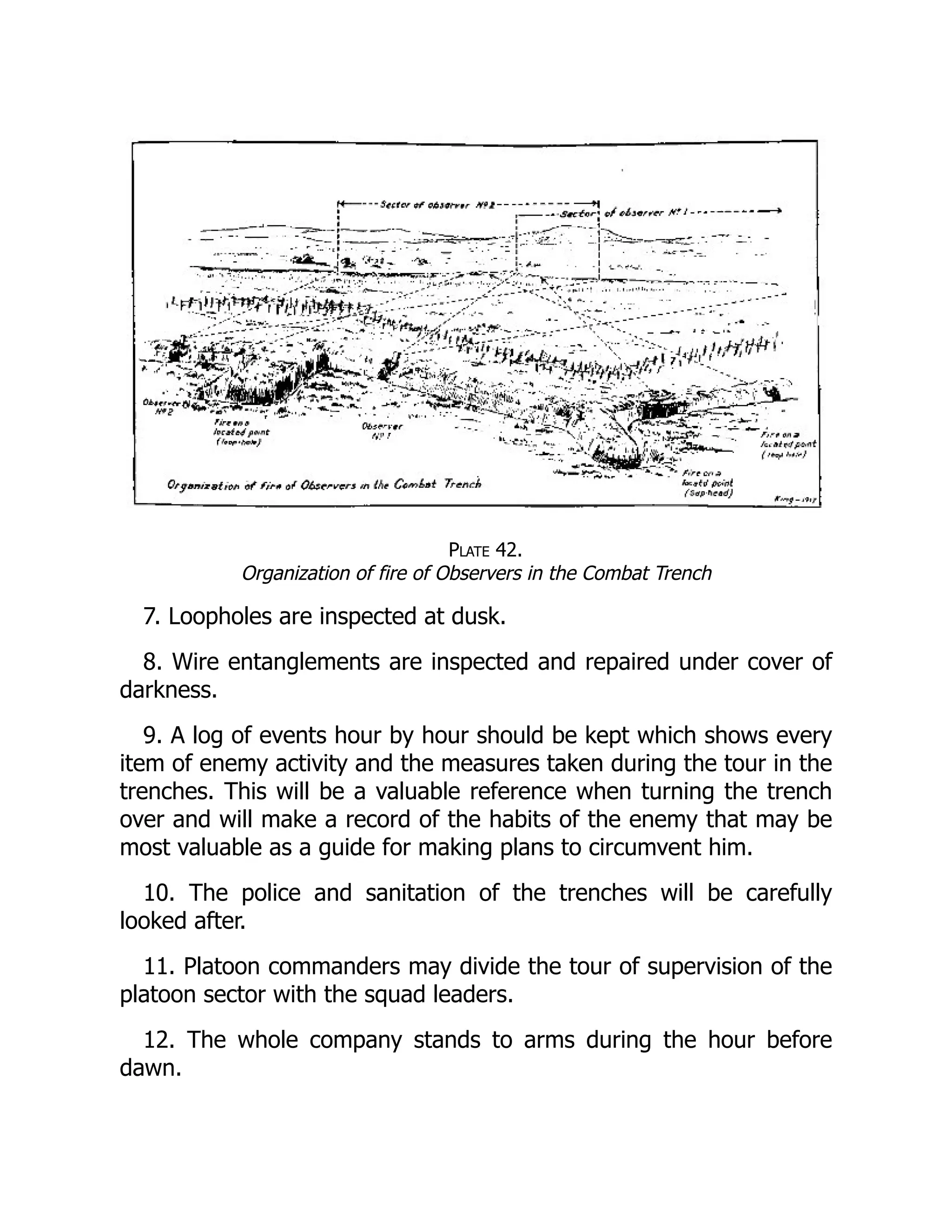 Plate 42.
Organization of fire of Observers in the Combat Trench
7. Loopholes are inspected at dusk.
8. Wire entanglements are inspected and repaired under cover of
darkness.
9. A log of events hour by hour should be kept which shows every
item of enemy activity and the measures taken during the tour in the
trenches. This will be a valuable reference when turning the trench
over and will make a record of the habits of the enemy that may be
most valuable as a guide for making plans to circumvent him.
10. The police and sanitation of the trenches will be carefully
looked after.
11. Platoon commanders may divide the tour of supervision of the
platoon sector with the squad leaders.
12. The whole company stands to arms during the hour before
dawn.
 