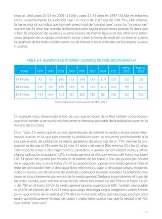 26
(casi un 16%), para 20-24 en 2001 (19,5%) y para 25-34 años en 1997 (43,4%); en estos tres
casos, respectivamente, la audiencia “ayer” en marzo de 2013 era de 10%, 9% y 24%. Además,
la fuente original nos indica que tanto el número total de “usuarios ayer”, como los “usuarios ayer”
mayores de 35 años, han crecido de forma leve pero regular en ese mismo periodo. Es decir, que
o bien la proporción de usuarios y usuarias jóvenes de Internet (que es la más alta) se ha estan-
cado después de un rápido crecimiento inicial, o bien la forma de medición no tiene en cuenta
la aparición de las redes sociales como uso de Internet, o no lo entienden así los propios usuarios
y usuarias.
Tabla 3.4. audiEncia dE inTErnET: usuarios dE ayEr, sEgún Edad (%)
MAYO MARzO
EDAD 1997 1999 2001 2003 2005 2007 2009 2011 2012 2013
14-19 años 9,3 9,3 14,5 15,6 14,4 14,9 11,9 10,7 10,3 10,1
20-24 años 14,7 15,7 19,5 16,9 15 13,4 11,3 10,2 9,9 9,4
25-34 años 43,4 35,4 31,3 31,7 30,6 28,6 28,1 26,1 25,1 24,1
Fuente: Elaboración propia a partir de AIMC, 2013.
En cualquier caso, observando el tipo de usos que se hacen de la Red también comprobamos
que éstos tienden a ser mucho más frecuentes e intensivos por parte de la población joven en la
mayoría de los casos.
En la Tabla 3.5 vemos que el uso más generalizado de Internet es recibir y enviar correo elec-
trónico, función en la que precisamente la población joven se encuentra prácticamente a la
par que el resto de población: la media general es de poco más de un 79%, mientras la pro-
porción es de casi el 78% entre los 16 y los 24 años, y de casi el 80% entre los 25 y los 34 años.
Sólo respecto a leer o descargar noticias, periódicos o revistas de actualidad online, y utilizar
alguna aplicación basada en GPS, la media general se sitúa por encima del tramo más joven
(16-24 años): tres puntos por encima en el primero de los casos y casi seis puntos por encima
en el segundo; eso sí, en el tramo 25-34 las proporciones superan esa media general. Para el
resto de actividades (leer o descargar libros electrónicos, jugar o descargar juegos, imágenes,
vídeos y música, uso de servicios de podcast, y participar en redes sociales), la población más
joven se sitúa claramente por encima de la media general. Destaca especialmente el caso de
las redes sociales, pues mientras el uso (en los últimos tres meses) fue del 92% en el tramo 16-24
y del 78% en el tramo 25-34, la media general apenas superaba el 68%. También destacable
es el 60% de jóvenes de 16 a 24 años que juega, descarga juegos, imágenes y vídeos (veinte
puntos por encima de la media), el 27% de esa misma franja etaria que descarga podcast para
recibir automáticamente ficheros de audio y vídeo (siete puntos más que la media) o el 43%
que realiza “otros usos”.
 