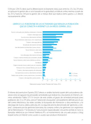 29
(15% por 12%). Es decir, que la diferenciación es bastante clara, pues entre los 15 y los 24 años
se opta por la gestión de un ocio basado en la gratuidad y el disfrute online, mientras a partir de
los 25 (y hasta los 34) por la gestión de un tiempo libre que implica ciertos gastos y un disfrute
necesariamente offline.
gráFico 3.2. porcEnTajE dE las acTividadEs quE rEaliza la población
quE sE conEcTa a inTErnET (15-34 años). España, 2011.
0 10 20 30 40 50 60 70 80
Buscar o visitar webs para divertirse, entretenerse o informarse
Comprar o descargar música
Escuchar música directamente de Internet
Buscar información sobre música, cine o espectáculos
Comprar o descargar películas
Ver películas directamente de Internet
Leer directamente de Internet libros, prensa, revistas…
Buscar información sobre turismo
Escuchar radio
Usar videojuegos directamente de Internet
Comprar o reservar entradas para actividades culturales
Buscar información sobre museos, bibliotecas, archivos…
Ver televisión
Colgar contenidos (música, vídeos) para ser compartidos
Participar en foros culturales (literarios, de cine, etc.)
Comprar o descargar programas de videojuegos
Ver espectáculos escénicos directamente de Internet
Realizar visitas virtuales a museos, exposiciones y monumentos
Comprar o descargar libros, prensa, revistas…
15 – 24 años
25 – 34 años
Elaboración propia. Fuente: Ministerio de Cultura, 2011.
El Informe de Juventud en España 2012 ofrece un análisis factorial a partir del cual podemos ob-
servar cómo se agrupan las principales actividades que realizan los y las jóvenes en Internet y ve-
nimos señalando (Tabla 3.7). En función de este análisis, el grupo de actividad principal, para
población de 15 a 29 años, sería el “relacional y búsqueda”, principalmente definido por el uso
del correo electrónico, las redes sociales, la búsqueda de información o documentación, y la
descarga de música, vídeos, películas, etc. La segunda sería la denominada de “gestiones y com-
pras”, compuesta por las gestiones bancarias, las compras online y las gestiones con organismos
de la Administración. Y la tercera, la “comunicación especializada”, encuentra sentido en torno a
llamadas telefónicas por Internet (telefonía IP) y el mantenimiento de una web propia o blog
(papel activo en Internet como usuario o usuario que produce información).
 