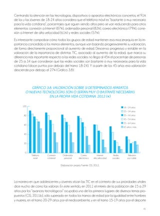 41
Centrando la atención en las tecnologías, dispositivos o aparatos electrónicos concretos, el 91%
de los y las jóvenes de 18-24 años considera que el teléfono móvil es “bastante o muy necesario
para la vida cotidiana”, porcentajes que siguen siendo altos pero se van reduciendo para otros
elementos: conexión a Internet (87%), ordenador personal (82%), correo electrónico (79%), cone-
xión a Internet de alta velocidad (61%) y redes sociales (57%).
Es interesante comprobar cómo todos los grupos de edad mantienen esa misa jerarquía en la im-
portancia concedida a los mismos elementos, aunque van bajando progresivamente su valoración,
de forma directamente proporcional al aumento de edad. Descenso progresivo y estable en la
valoración de la importancia de distintas TIC, asociado al aumento de la edad, que marca su
diferencia más importante respecto a las redes sociales: no llega al 45% el porcentaje de personas
de 25 a 34 que consideran que las redes sociales son bastante o muy necesarias para la vida
cotidiana (doce puntos por debajo del tramo 18-24). Y a partir de los 45 años esa valoración
desciende por debajo el 27% (Gráfico 3.8).
La manera en que adolescentes y jóvenes sitúan las TIC en el contexto de sus prioridades vitales
dice mucho de cómo las valoran. En este sentido, en 2011 el interés de la población de 15 a 29
años por los “avances tecnológicos” ocupaba uno de los primeros lugares de diversos temas pro-
puestos (CIS, 2011b), sólo superado en todos los tramos de edad por la igualdad entre hombres
y mujeres, en el tramo 20-29 años por el medioambiente, y en el tramo 15-19 años por el deporte
gráFico 3.8. valoración sobrE si dETErminados aparaTos
o nuEvas TEcnologías son o sErían muy o basTanTE nEcEsarias
En la propia vida coTidiana. 2012 (%)
Teléfono Conexión Ordenador Correo Internet Redes Televisión
móvil a Internet personal electrónico alta velocidad sociales por cable
100
80
60
40
20
0
18 – 24 años
25 – 34 años
35 – 44 años
45 – 54 años
55 – 64 años
65 años y más
Elaboración propia. Fuente: CIS, 2012.
 