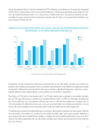 54
tramo de edad anterior, y Tuenti se desploma (27%). Además, si nos fijamos en la evolución temporal
(2009-2011), observamos cómo el uso de Facebook y Twitter ha aumentado para todos los tra-
mos de edad (Facebook entre 15 y 20 puntos, y Twitter entre 30 y 35 puntos), mientras ha des-
cendido (aunque poco) entre las personas menores de 25 años y ha aumentado (también muy
poco) para el tramo 25-34.
graFico 3.18. Evolución (2009-2011) En El uso dE las disTinTas rEdEs socialEs,
sEgún Edad. 15-34 años. rEspuEsTa múlTiplE (%)
Facebook Twitter Tuenti Facebook Twitter Tuenti Facebook Twitter Tuenti
Menor 20 años 20-24 años 25-34 años
100
80
60
40
20
0
2009
2011
Fuente: IJE 2012. A partir de la fuente: AIMC (www.aimc.es)
Finalmente, resulta interesante acercarse someramente al uso de redes sociales que hacen los
padres y las madres, para poder tener una primera aproximación a las diferencias generacionales
al respecto (diferencias que desde los discursos juveniles, y desde el imaginario colectivo, conso-
lidarán determinadas expectativas, como veremos en el análisis cualitativo).
Pues bien, el 77% de los y las jóvenes de 15 a 29 años afirma que su padre no usa redes sociales,
por un 79% que afirma que su madre no es usuaria (Tabla 3.19A y 3.19B). Sin embargo, al preguntar
por el uso efectivo, los y las jóvenes afirman que casi un 18% de las madres son usuarias, por un
15% de padres (la diferencia entre uso y no uso se encontrarán en el desconocimiento, o en el
hecho de que la pregunta no proceda, sobre todo por fallecimiento del progenitor).
A medida que aumenta la edad del joven o la joven, desciende la proporción de quienes afirman
que el padre o la madre son usuarios/as de redes sociales, algo que quizás puede deberse a
que jóvenes de menor edad tienen padres y madres de menor edad (justificación que se susten-
taría en los datos generales de uso de redes sociales, que indican que las personas más mayores
las usan menos).
 