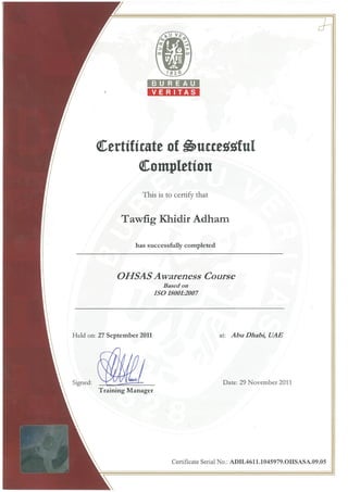 OHSAS Awarnes Certificate