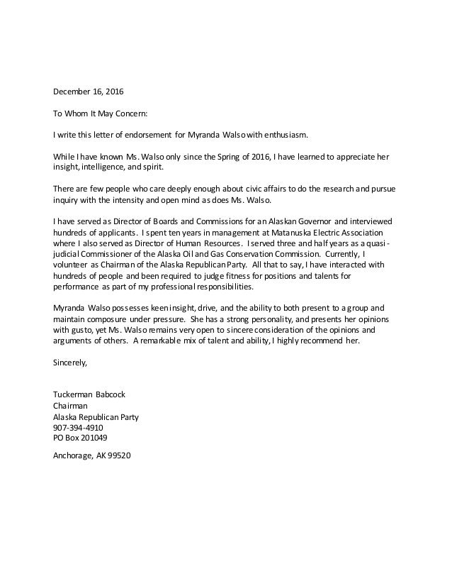 Letter Of Endorsement From Tuckerman Babcock