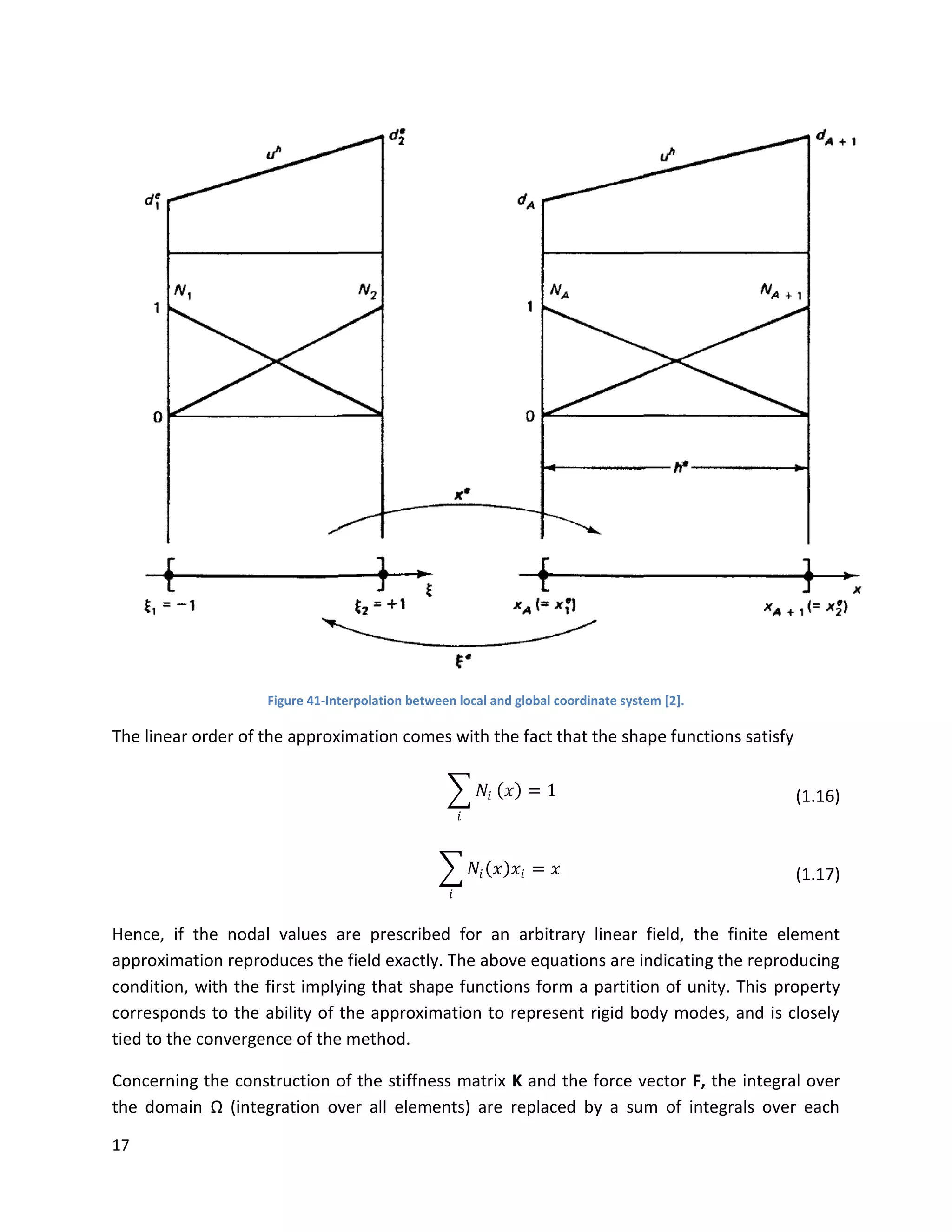 17
Figure 41-Interpolation between local and global coordinate system [2].
The linear order of the approximation comes with the fact that the shape functions satisfy
𝑁𝑖
𝑖
𝑥 = 1 (1.16)
𝑁𝑖 𝑥 𝑥𝑖 = 𝑥
𝑖
(1.17)
Hence, if the nodal values are prescribed for an arbitrary linear field, the finite element
approximation reproduces the field exactly. The above equations are indicating the reproducing
condition, with the first implying that shape functions form a partition of unity. This property
corresponds to the ability of the approximation to represent rigid body modes, and is closely
tied to the convergence of the method.
Concerning the construction of the stiffness matrix K and the force vector F, the integral over
the domain Ω (integration over all elements) are replaced by a sum of integrals over each
 