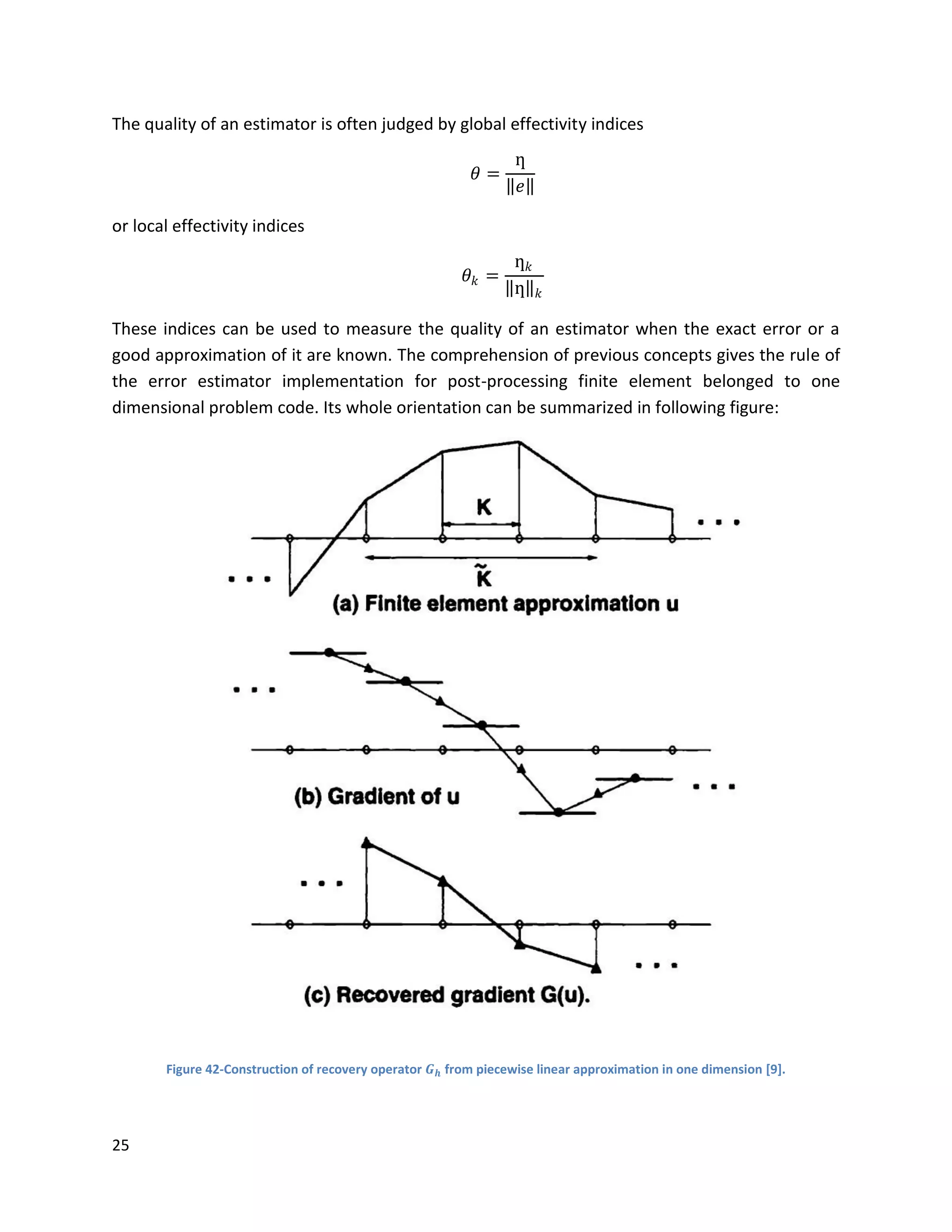 25
The quality of an estimator is often judged by global effectivity indices
𝜃 =
ƞ
𝑒
or local effectivity indices
𝜃 𝑘 =
ƞ 𝑘
ƞ 𝑘
These indices can be used to measure the quality of an estimator when the exact error or a
good approximation of it are known. The comprehension of previous concepts gives the rule of
the error estimator implementation for post-processing finite element belonged to one
dimensional problem code. Its whole orientation can be summarized in following figure:
Figure 42-Construction of recovery operator 𝑮 𝒉 from piecewise linear approximation in one dimension [9].
 