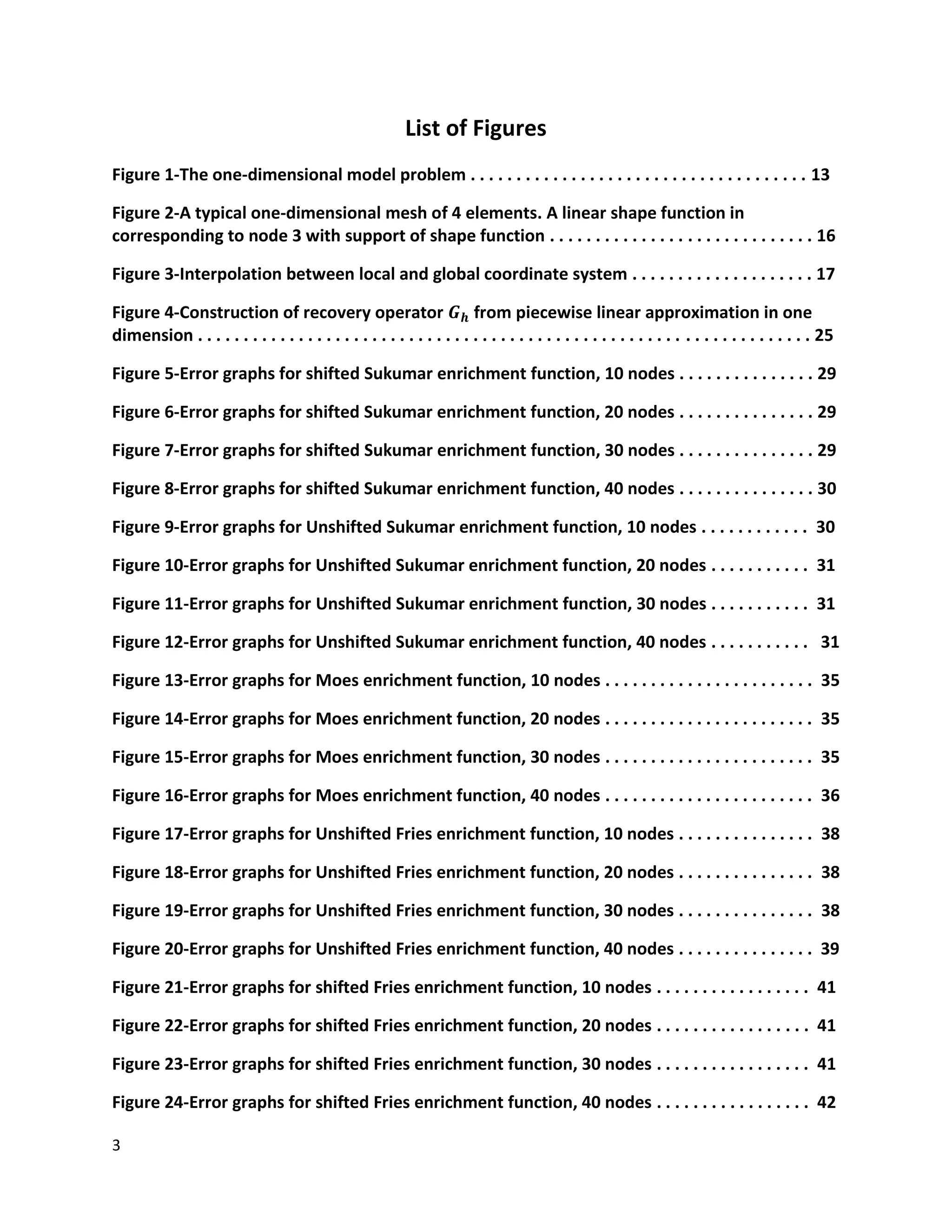 3
List of Figures
Figure 1-The one-dimensional model problem . . . . . . . . . . . . . . . . . . . . . . . . . . . . . . . . . . . . . 13
Figure 2-A typical one-dimensional mesh of 4 elements. A linear shape function in
corresponding to node 3 with support of shape function . . . . . . . . . . . . . . . . . . . . . . . . . . . . . 16
Figure 3-Interpolation between local and global coordinate system . . . . . . . . . . . . . . . . . . . . 17
Figure 4-Construction of recovery operator 𝑮 𝒉 from piecewise linear approximation in one
dimension . . . . . . . . . . . . . . . . . . . . . . . . . . . . . . . . . . . . . . . . . . . . . . . . . . . . . . . . . . . . . . . . . . . 25
Figure 5-Error graphs for shifted Sukumar enrichment function, 10 nodes . . . . . . . . . . . . . . . 29
Figure 6-Error graphs for shifted Sukumar enrichment function, 20 nodes . . . . . . . . . . . . . . . 29
Figure 7-Error graphs for shifted Sukumar enrichment function, 30 nodes . . . . . . . . . . . . . . . 29
Figure 8-Error graphs for shifted Sukumar enrichment function, 40 nodes . . . . . . . . . . . . . . . 30
Figure 9-Error graphs for Unshifted Sukumar enrichment function, 10 nodes . . . . . . . . . . . . 30
Figure 10-Error graphs for Unshifted Sukumar enrichment function, 20 nodes . . . . . . . . . . . 31
Figure 11-Error graphs for Unshifted Sukumar enrichment function, 30 nodes . . . . . . . . . . . 31
Figure 12-Error graphs for Unshifted Sukumar enrichment function, 40 nodes . . . . . . . . . . . 31
Figure 13-Error graphs for Moes enrichment function, 10 nodes . . . . . . . . . . . . . . . . . . . . . . . 35
Figure 14-Error graphs for Moes enrichment function, 20 nodes . . . . . . . . . . . . . . . . . . . . . . . 35
Figure 15-Error graphs for Moes enrichment function, 30 nodes . . . . . . . . . . . . . . . . . . . . . . . 35
Figure 16-Error graphs for Moes enrichment function, 40 nodes . . . . . . . . . . . . . . . . . . . . . . . 36
Figure 17-Error graphs for Unshifted Fries enrichment function, 10 nodes . . . . . . . . . . . . . . . 38
Figure 18-Error graphs for Unshifted Fries enrichment function, 20 nodes . . . . . . . . . . . . . . . 38
Figure 19-Error graphs for Unshifted Fries enrichment function, 30 nodes . . . . . . . . . . . . . . . 38
Figure 20-Error graphs for Unshifted Fries enrichment function, 40 nodes . . . . . . . . . . . . . . . 39
Figure 21-Error graphs for shifted Fries enrichment function, 10 nodes . . . . . . . . . . . . . . . . . 41
Figure 22-Error graphs for shifted Fries enrichment function, 20 nodes . . . . . . . . . . . . . . . . . 41
Figure 23-Error graphs for shifted Fries enrichment function, 30 nodes . . . . . . . . . . . . . . . . . 41
Figure 24-Error graphs for shifted Fries enrichment function, 40 nodes . . . . . . . . . . . . . . . . . 42
 