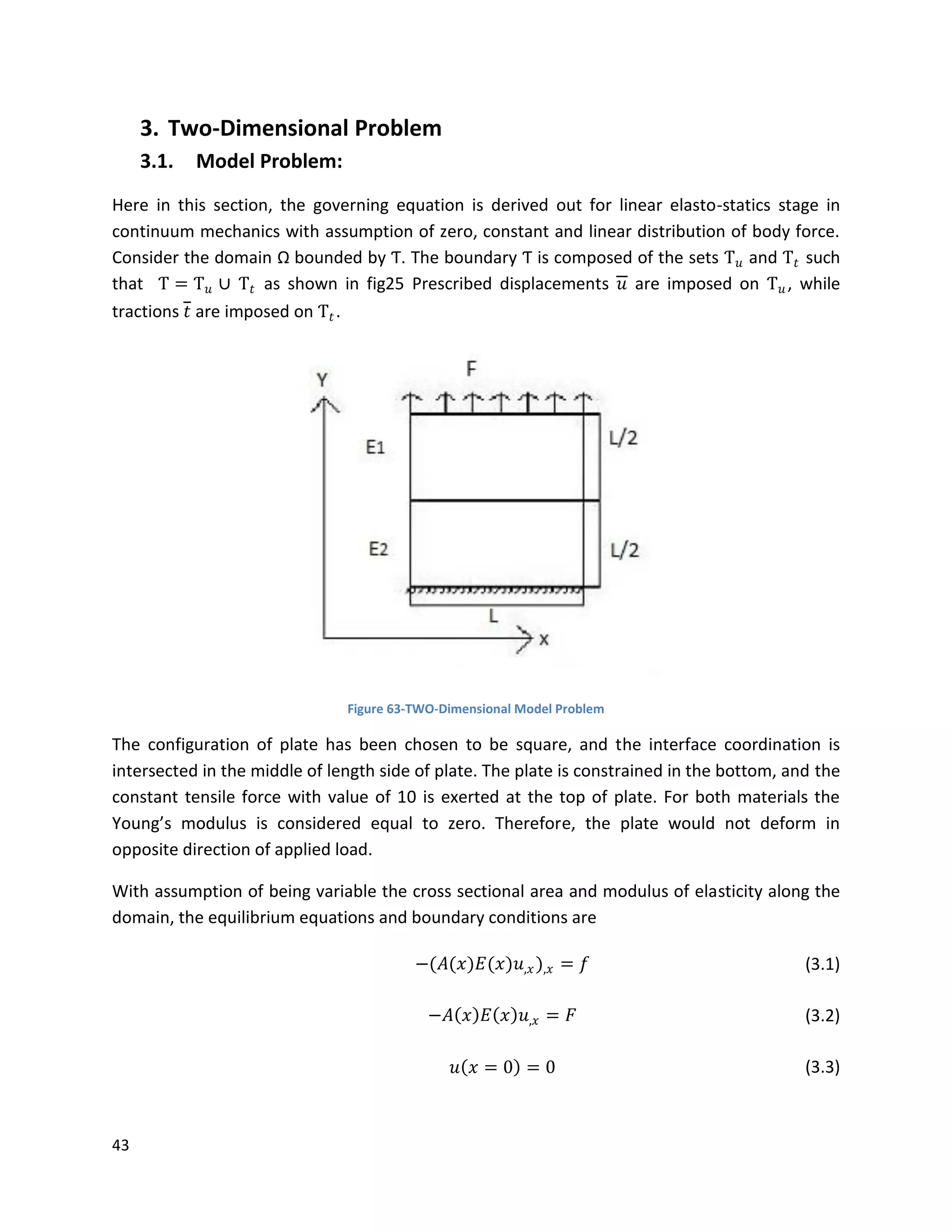 43
3. Two-Dimensional Problem
3.1. Model Problem:
Here in this section, the governing equation is derived out for linear elasto-statics stage in
continuum mechanics with assumption of zero, constant and linear distribution of body force.
Consider the domain Ω bounded by Ƭ. The boundary Ƭ is composed of the sets Ƭ 𝑢 and Ƭ𝑡 such
that Ƭ = Ƭ 𝑢 ∪ Ƭ𝑡 as shown in fig25 Prescribed displacements 𝑢 are imposed on Ƭ 𝑢 , while
tractions 𝑡 are imposed on Ƭ𝑡.
Figure 63-TWO-Dimensional Model Problem
The configuration of plate has been chosen to be square, and the interface coordination is
intersected in the middle of length side of plate. The plate is constrained in the bottom, and the
constant tensile force with value of 10 is exerted at the top of plate. For both materials the
Young’s modulus is considered equal to zero. Therefore, the plate would not deform in
opposite direction of applied load.
With assumption of being variable the cross sectional area and modulus of elasticity along the
domain, the equilibrium equations and boundary conditions are
−(𝐴(𝑥)𝐸(𝑥)𝑢,𝑥),𝑥 = 𝑓 (3.1)
−𝐴 𝑥 𝐸 𝑥 𝑢,𝑥 = 𝐹 (3.2)
𝑢 𝑥 = 0 = 0 (3.3)
 