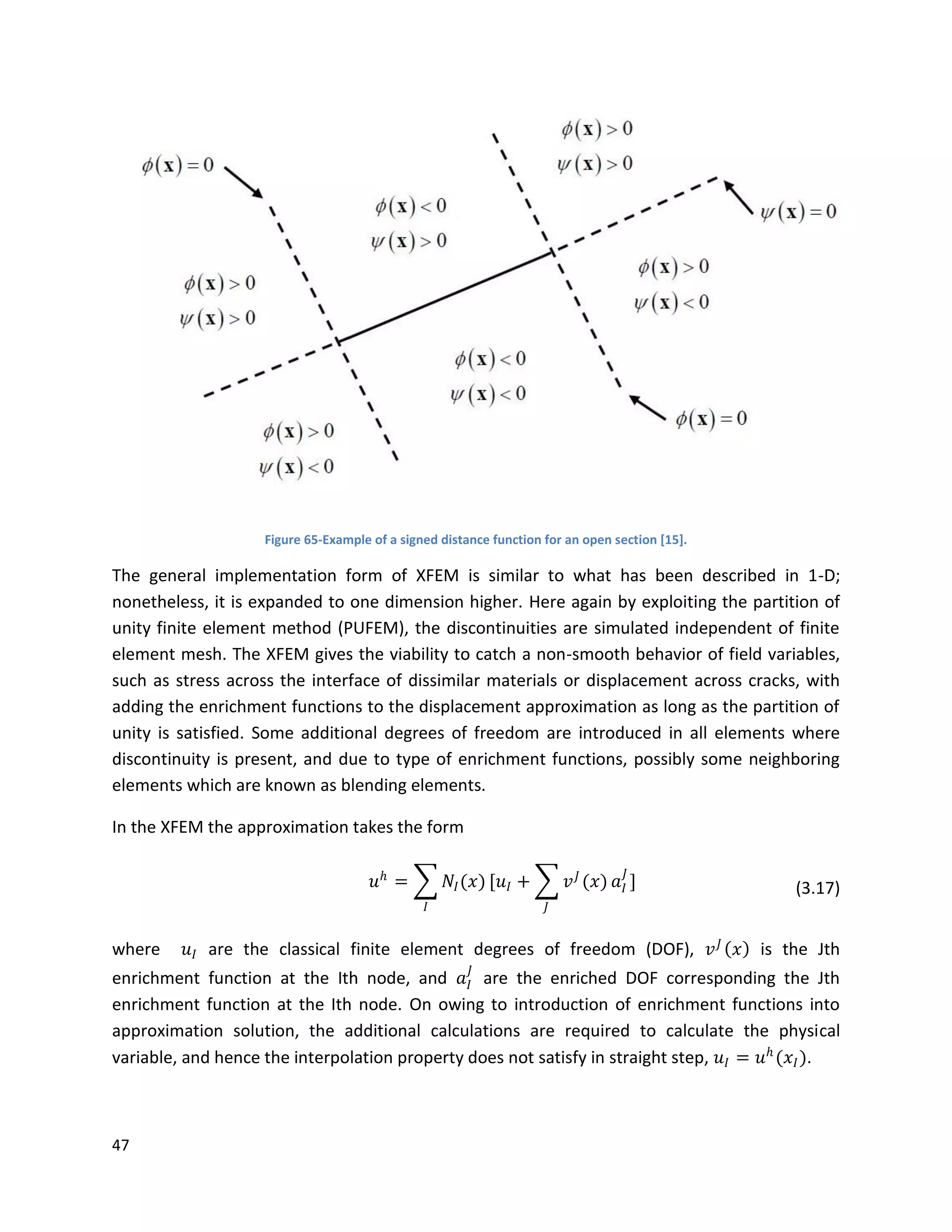 47
Figure 65-Example of a signed distance function for an open section [15].
The general implementation form of XFEM is similar to what has been described in 1-D;
nonetheless, it is expanded to one dimension higher. Here again by exploiting the partition of
unity finite element method (PUFEM), the discontinuities are simulated independent of finite
element mesh. The XFEM gives the viability to catch a non-smooth behavior of field variables,
such as stress across the interface of dissimilar materials or displacement across cracks, with
adding the enrichment functions to the displacement approximation as long as the partition of
unity is satisfied. Some additional degrees of freedom are introduced in all elements where
discontinuity is present, and due to type of enrichment functions, possibly some neighboring
elements which are known as blending elements.
In the XFEM the approximation takes the form
𝑢 𝑕
= 𝑁𝐼(𝑥)
𝐼
[𝑢𝐼 + 𝑣 𝐽
(𝑥)
𝐽
𝑎𝐼
𝐽
] (3.17)
where 𝑢𝐼 are the classical finite element degrees of freedom (DOF), 𝑣 𝐽
𝑥 is the Jth
enrichment function at the Ith node, and 𝑎𝐼
𝐽
are the enriched DOF corresponding the Jth
enrichment function at the Ith node. On owing to introduction of enrichment functions into
approximation solution, the additional calculations are required to calculate the physical
variable, and hence the interpolation property does not satisfy in straight step, 𝑢𝐼 = 𝑢 𝑕
(𝑥𝐼).
 