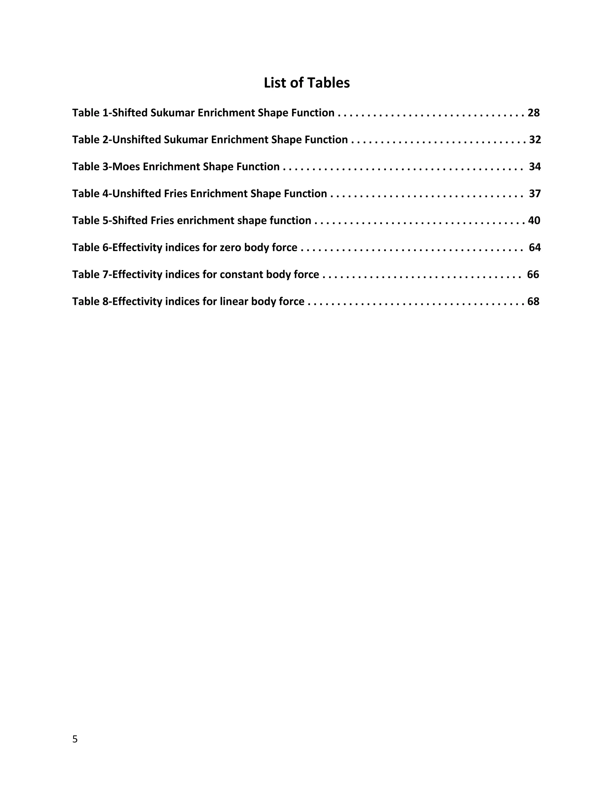 5
List of Tables
Table 1-Shifted Sukumar Enrichment Shape Function . . . . . . . . . . . . . . . . . . . . . . . . . . . . . . . . 28
Table 2-Unshifted Sukumar Enrichment Shape Function . . . . . . . . . . . . . . . . . . . . . . . . . . . . . . 32
Table 3-Moes Enrichment Shape Function . . . . . . . . . . . . . . . . . . . . . . . . . . . . . . . . . . . . . . . . . 34
Table 4-Unshifted Fries Enrichment Shape Function . . . . . . . . . . . . . . . . . . . . . . . . . . . . . . . . . 37
Table 5-Shifted Fries enrichment shape function . . . . . . . . . . . . . . . . . . . . . . . . . . . . . . . . . . . . 40
Table 6-Effectivity indices for zero body force . . . . . . . . . . . . . . . . . . . . . . . . . . . . . . . . . . . . . . 64
Table 7-Effectivity indices for constant body force . . . . . . . . . . . . . . . . . . . . . . . . . . . . . . . . . . 66
Table 8-Effectivity indices for linear body force . . . . . . . . . . . . . . . . . . . . . . . . . . . . . . . . . . . . . 68
 