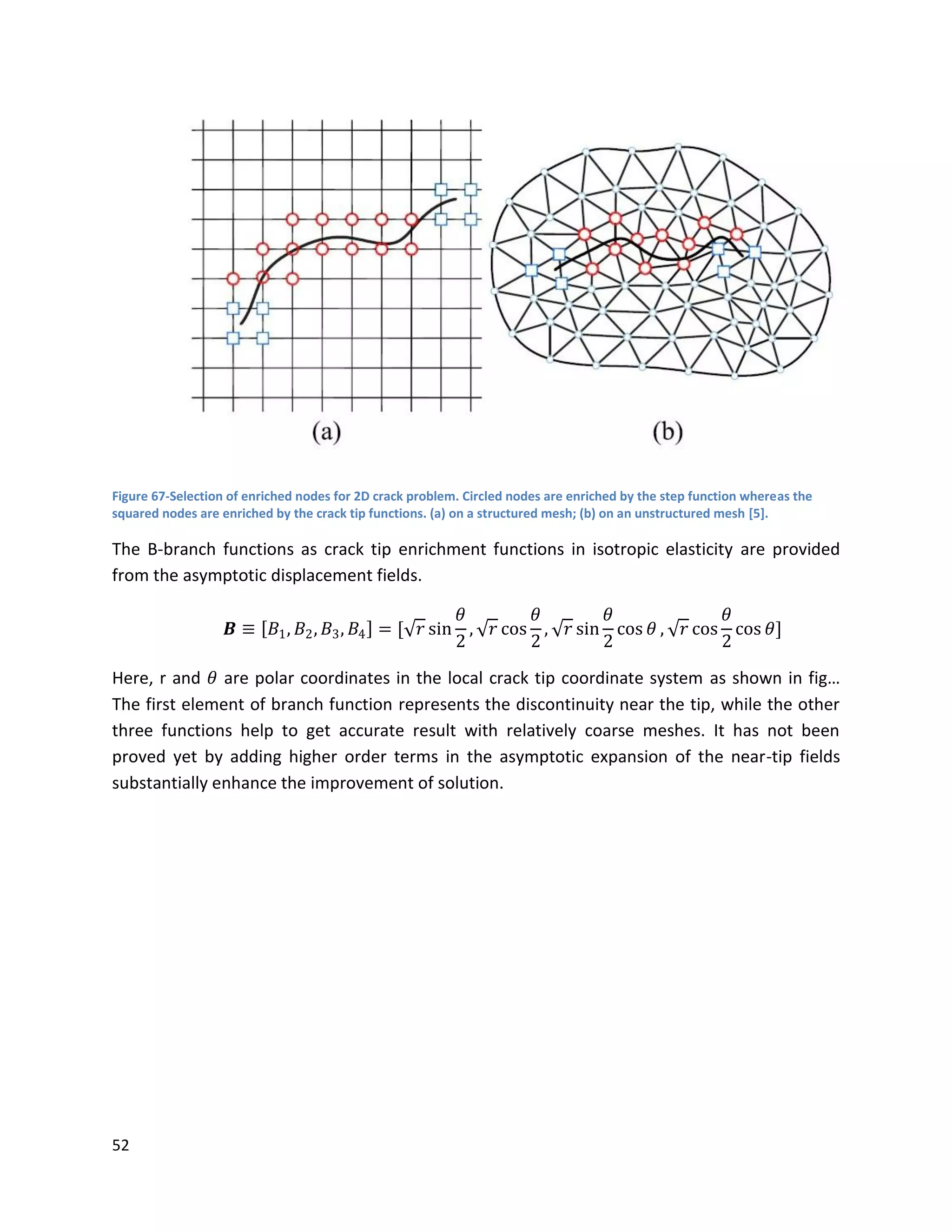 52
Figure 67-Selection of enriched nodes for 2D crack problem. Circled nodes are enriched by the step function whereas the
squared nodes are enriched by the crack tip functions. (a) on a structured mesh; (b) on an unstructured mesh [5].
The B-branch functions as crack tip enrichment functions in isotropic elasticity are provided
from the asymptotic displacement fields.
𝑩 ≡ 𝐵1, 𝐵2, 𝐵3, 𝐵4 = [ 𝑟 sin
𝜃
2
, 𝑟 cos
𝜃
2
, 𝑟 sin
𝜃
2
cos 𝜃 , 𝑟 cos
𝜃
2
cos 𝜃]
Here, r and 𝜃 are polar coordinates in the local crack tip coordinate system as shown in fig…
The first element of branch function represents the discontinuity near the tip, while the other
three functions help to get accurate result with relatively coarse meshes. It has not been
proved yet by adding higher order terms in the asymptotic expansion of the near-tip fields
substantially enhance the improvement of solution.
 
