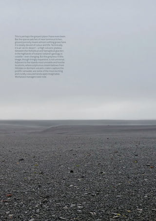 35
This is perhaps the greyest place I have even been.
Bar the sparse patches of near luminous lichen,
ground porosity means almost nothing grows here.
It is totally devoid of colour and life. Technically
it is an ‘arctic desert’ – a high volcanic plateau
between the Hofsjökull and Vatnajökull glaciers
in the highlands of Iceland. Iceland’s geology is
volatile – ever changing. But the greyness in this
image, though tiringly expansive, is not universal.
Adjacent to the islands most unstable and hostile
locations, where sulphurous steam bellows from
hillsides or dormant volcanic craters capture the
prolific rainwater, are some of the most exciting
and vividly coloured landscapes imaginable.
Workplace managers take note.
 