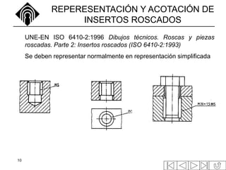 10
REPERESENTACIÓN Y ACOTACIÓN DE
INSERTOS ROSCADOS
UNE-EN ISO 6410-2:1996 Dibujos técnicos. Roscas y piezas
roscadas. Parte 2: Insertos roscados (ISO 6410-2:1993)
Se deben representar normalmente en representación simplificada
 