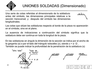31
UNIONES SOLDADAS (Dimensionado)
Las cotas que sitúan las soldaduras respecto al borde de la pieza no aparecerán
en el símbolo, sino en el plano.
La ausencia de indicaciones a continuación del símbolo significa que la
soldadura debe ser continua en toda la longitud de la pieza.
Una serie de cotas referidas al dimensionado de la soldadura:
antes del símbolo, las dimensiones principales relativas a la
sección transversal; y después del símbolo las dimensiones
longitudinales.
En las soldaduras en ángulo la dimensión de la sección se indica por el ancho de
la garganta (a) o por el lado del triángulo isósceles (z), siendo z = a 2 .
También se puede indicar la profundidad de la penetración de la soldadura (s)
 