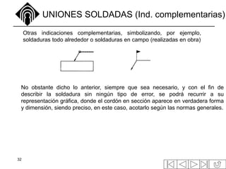 32
UNIONES SOLDADAS (Ind. complementarias)
No obstante dicho lo anterior, siempre que sea necesario, y con el fin de
describir la soldadura sin ningún tipo de error, se podrá recurrir a su
representación gráfica, donde el cordón en sección aparece en verdadera forma
y dimensión, siendo preciso, en este caso, acotarlo según las normas generales.
Otras indicaciones complementarias, simbolizando, por ejemplo,
soldaduras todo alrededor o soldaduras en campo (realizadas en obra)
 