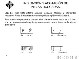 9
INDICACIÓN Y ACOTACIÓN DE
PIEZAS ROSCADAS.
UNE-EN ISO 6410-3:1996 Dibujos técnicos. Roscas y elementos
roscados. Parte 3: Representación simplificada (ISO 6410-3:1993).
Para roscas de pequeños dibujos, si el diámetro de la rosca es  6 mm.
o si hay un conjunto de agujeros roscados del mismo tipo y de la misma
dimensión.
 