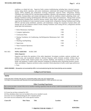 Page of5
02/03/2016
** PROTECTED BY FERPA **
MCLEOD, JOHN KIRK 11
Course ID Date Taken Title Location Reason
(1) Course has not been evaluated by ACE.
(2) Class attendance dates were not recorded in the service member's record.
(3) Course was not completed during the ACE evaluation period.
(4) Course was not evaluated by ACE at this specific location.
Other Learning Experiences
College Level Test Scores
NONE ASSIGNED -- Occupation not evaluated by ACE or not evaluated during the time frame held by service member.
NONE
Safety Inspector:
NONE ASSIGNEDNEC-6021
conditions on related job sites. Supervise boiler systems troubleshooting including basic electrical, pressure
testing, rating checks, operation, and system maintenance; understand and manage Environmental Protection
Agency (EPA) standards and certifications involving refrigerants; supervise boiler, refrigeration, Heating
Ventilation and Cooling (HVAC) and heat pump installation, operation, and maintenance; supervise the execution
and quality of project plans; and evaluate and supervise safe job site conditions related to plumbing, boiler, and
Heating Ventilation Cooling and Refrigeration (HVACR) systems repair and maintenance. Manage boiler systems
troubleshooting including basic electrical, pressure testing, rating checks, operation, and system maintenance;
supervise the installation of water treatment systems; manage boiler, refrigeration, Heating Ventilation and Cooling
(HVAC) and heat pump installation, operation, and maintenance; manage the execution of project plans; and
manage safe job site conditions related to boiler, Heating Ventilation and Cooling (HVAC), refrigeration and heat
pump repair and maintenance.
Organizes and directs the operation of the safety department. Investigates accidents, analyzes accidents and
problem areas, and recommends methods to decrease frequency and/or eliminate accidents. Collects data to
ascertain accident trends. Inspects project sites, grounds, buildings, and machinery to isolate hazards to life,
health, and equipment. Conducts safety education campaigns by preparing and/or distributing literature, posters,
charts, and displays. Organizes and directs safety committee. Directs placement of traffic control signs and devices.
Boiler Maintenance And Repair
Computer Applications
Construction Plans
Heating, Ventilation, Air Conditioning, And Refrigeration Maintenance And
Repair
Plumbing And Pipefitting
Supervision
Water Treatment Operations
4 SH
3 SH
3 SH
4 SH
4 SH
3 SH
3 SH
L
L
L
L
L
L
L
30-DEC-2003
None
This section provides a record of the service member's learning experiences that do not have credit recommended for one or more of the
following reasons:
(8/11)(8/11)
Exams taken after 31 October 2011 may have recommended college credit via the ACE National Guide.
Go to http://www2.acenet.edu/credit/?fuseaction=browse.getOrganizationDetail&FICE=190163 and look for your exam.
 