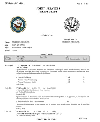 Page of1
02/03/2016
** PROTECTED BY FERPA **
MCLEOD, JOHN KIRK 11
MCLEOD, JOHN KIRK
XXX-XX-XXXX
Utilitiesman, First Class (E6)
MCLEOD, JOHN KIRK
Transcript Sent To:
Name:
SSN:
Rank:
JOINT SERVICES
TRANSCRIPT
**UNOFFICIAL**
Military Courses
ActiveStatus:
Military
Course ID
ACE Identifier
Course Title
Location-Description-Credit Areas
Dates Taken ACE
Credit Recommendation Level
Recruit Training:
Upon completion of the course, the recruit will demonstrate knowledge of general military and Navy protocol, first
aid, personal health and safety, basic swimming, fire fighting and damage control, seamanship, water survival skills,
and will meet prescribed standards for physical fitness.
NV-2202-0165 V0A-950-0001 29-APR-1999 08-JUL-1999
First Aid And Safety
Personal Fitness/Conditioning
Personal/Community Health
L
L
L
1 SH
1 SH
1 SH
Aviation Machinist Mate Common Core, Class A1:
Aviation Machinist Mate Helicopter Fundamentals Strand, Class A1:
NV-1704-0429 V01
NV-1704-0430 V01
20-JUL-1999
17-AUG-1999
16-AUG-1999
30-AUG-1999
Upon completion of the common core, the student will be able to perform as an apprentice jet power plants and
related systems mechanic at fleet and shore activities.
C-601-2011
C-601-2012
Air Technical Training Center
Air Technical Training Center
Pensacola, FL
Some Restrictions Apply - See Ace Guide SH
(3/92)(8/99)
(8/96)(12/05)
to
to
to
The credit recommendation for the common core is included in the strand training programs. See the individual
courses.
 